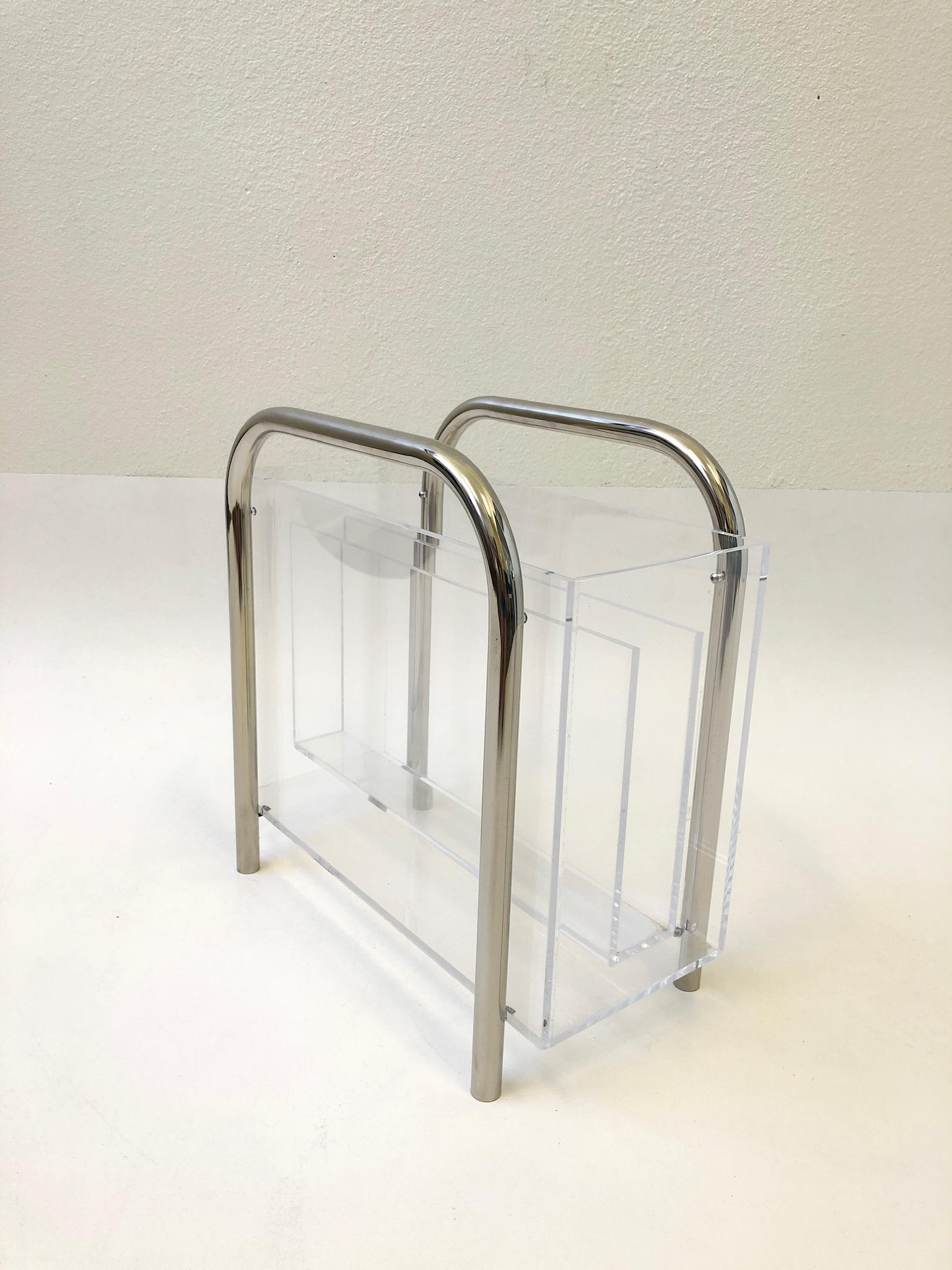 American Chrome and Lucite Magazine Holder by Charles Hollis Jones For Sale