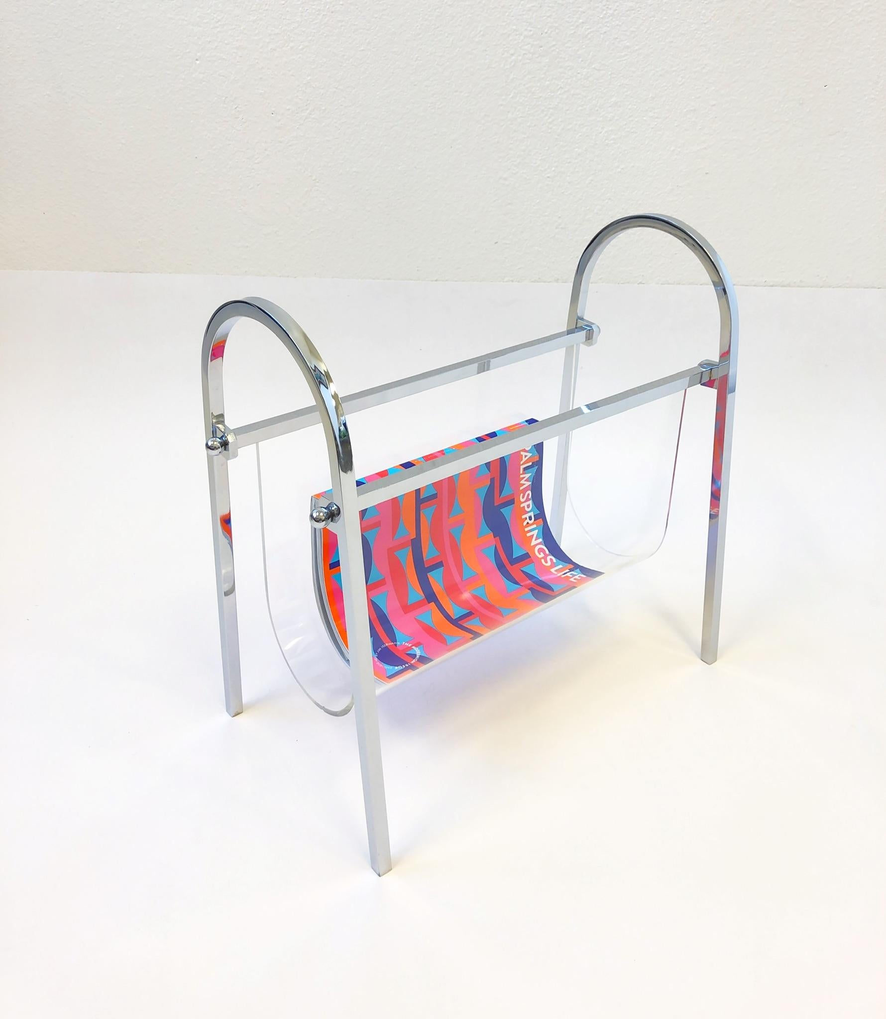 Chrome and Lucite Magazine Holder by Charles Hollis Jones In Excellent Condition For Sale In Palm Springs, CA
