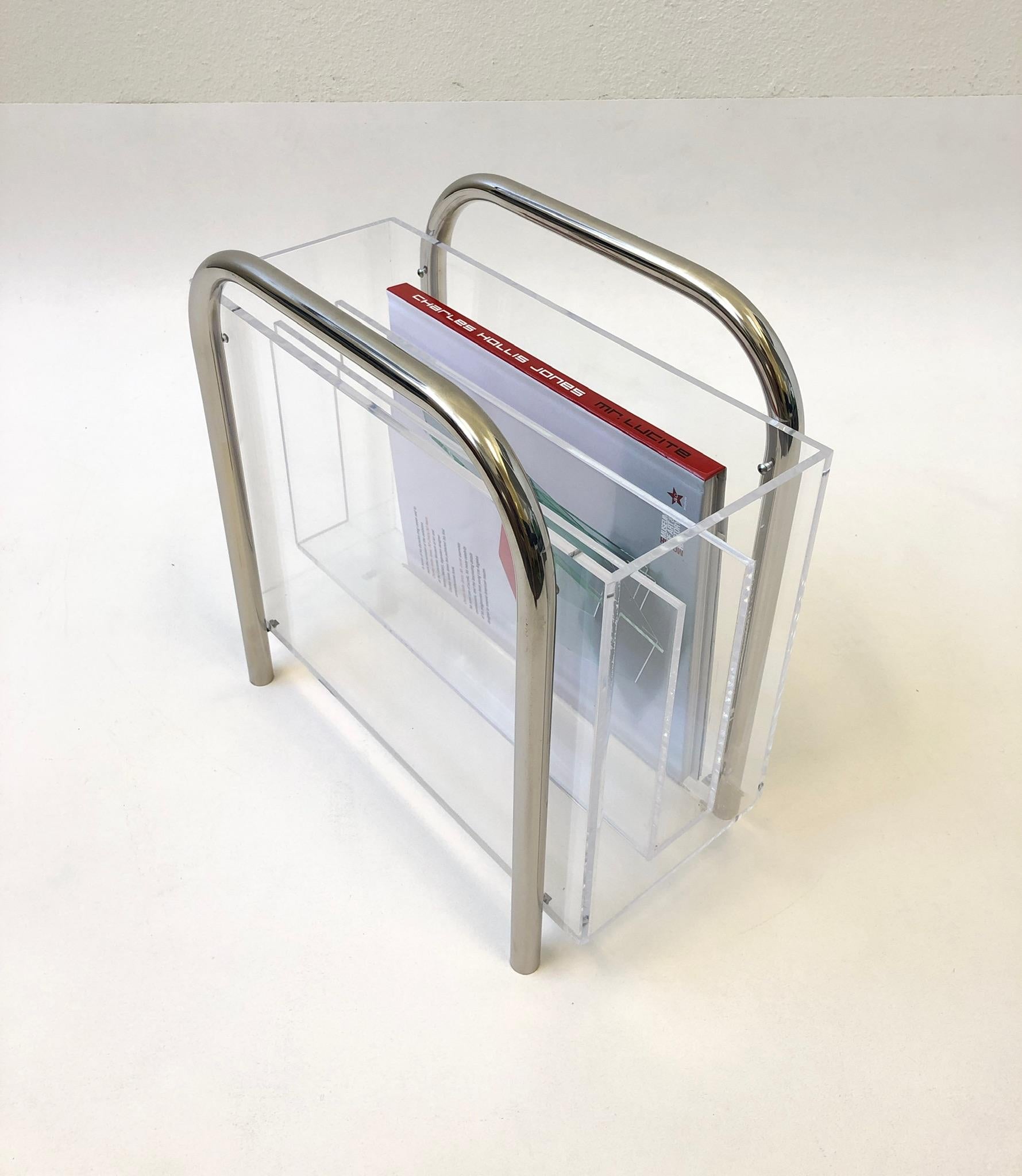 Polished Chrome and Lucite Magazine Holder by Charles Hollis Jones For Sale