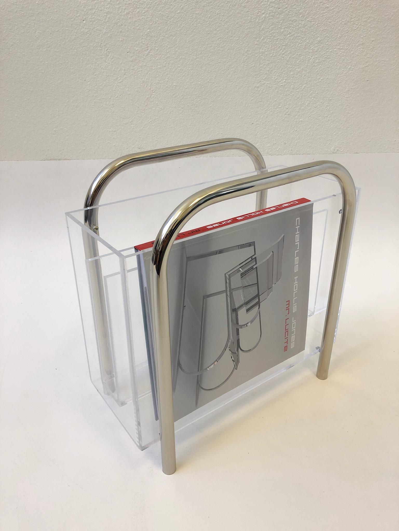 Chrome and Lucite Magazine Holder by Charles Hollis Jones In Good Condition In Palm Springs, CA
