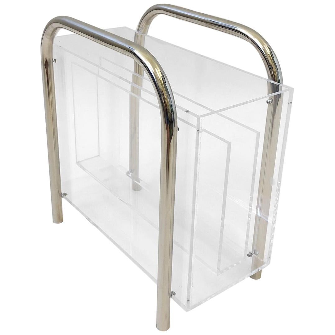 Chrome and Lucite Magazine Holder by Charles Hollis Jones For Sale