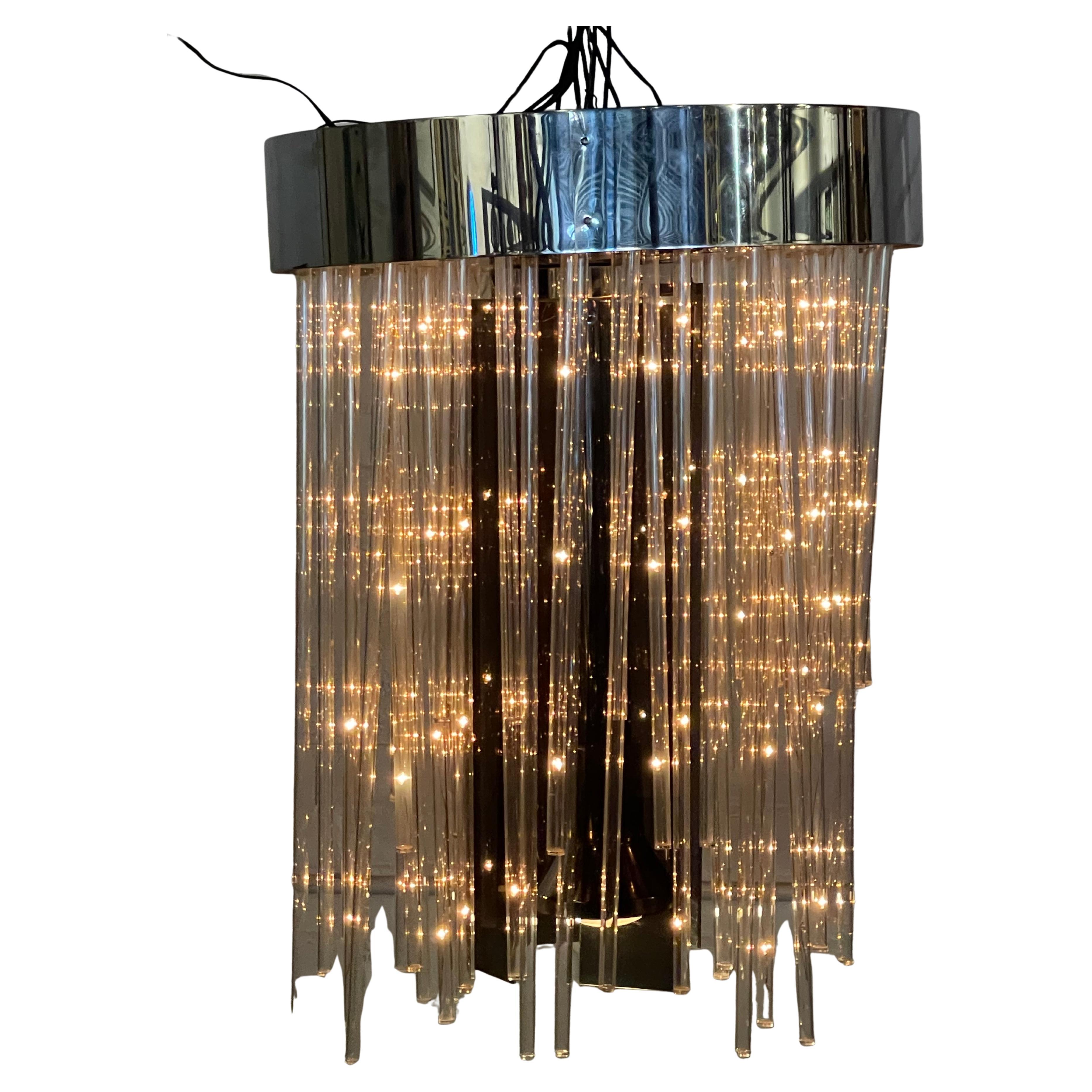 Chrome and Lucite Rod Contemporary Modern Waterfall Chandelier Light Fixture