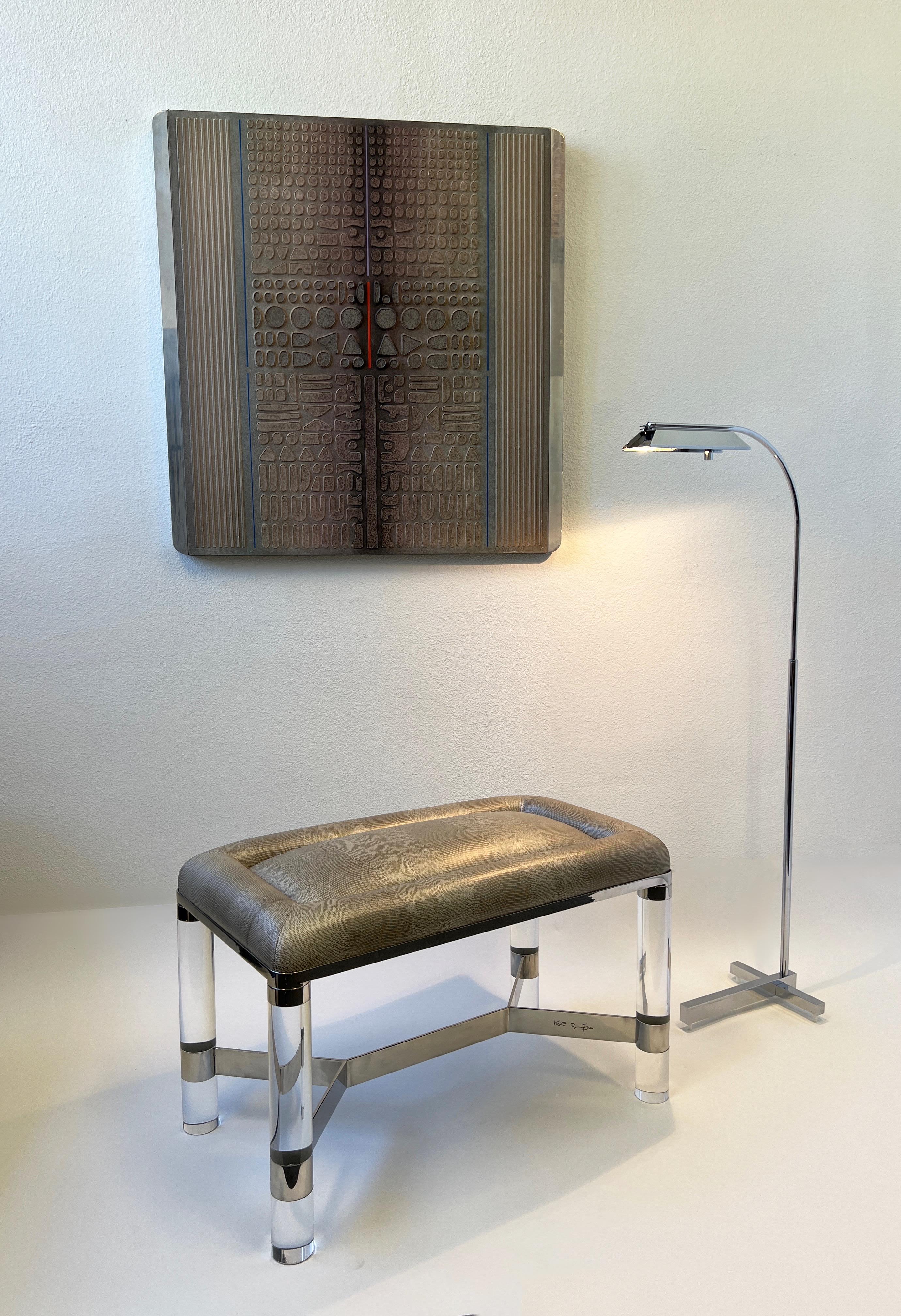 Chrome and Lucite with Snakeskin Leather Bench by Karl Springer For Sale 3