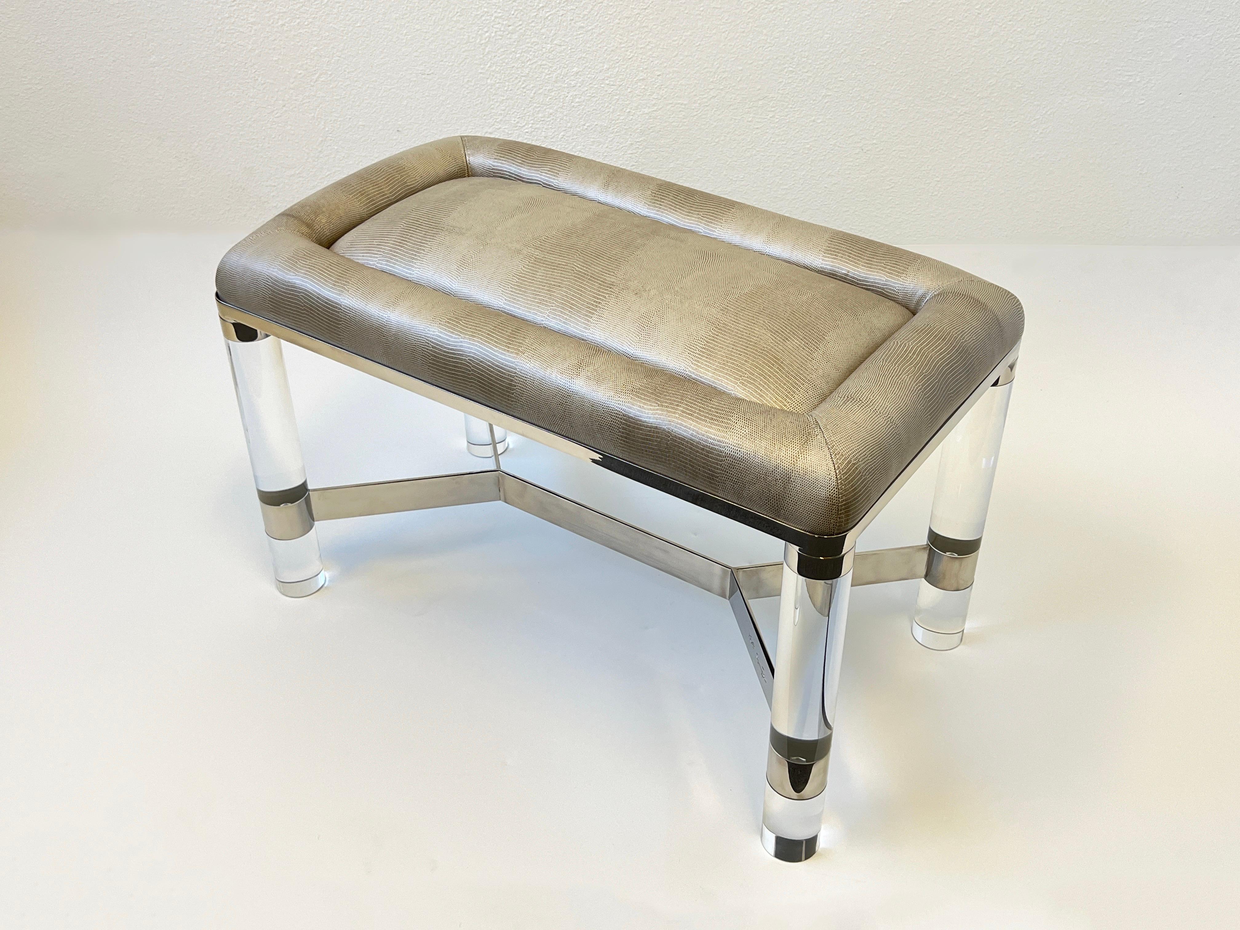 Modern Chrome and Lucite with Snakeskin Leather Bench by Karl Springer For Sale
