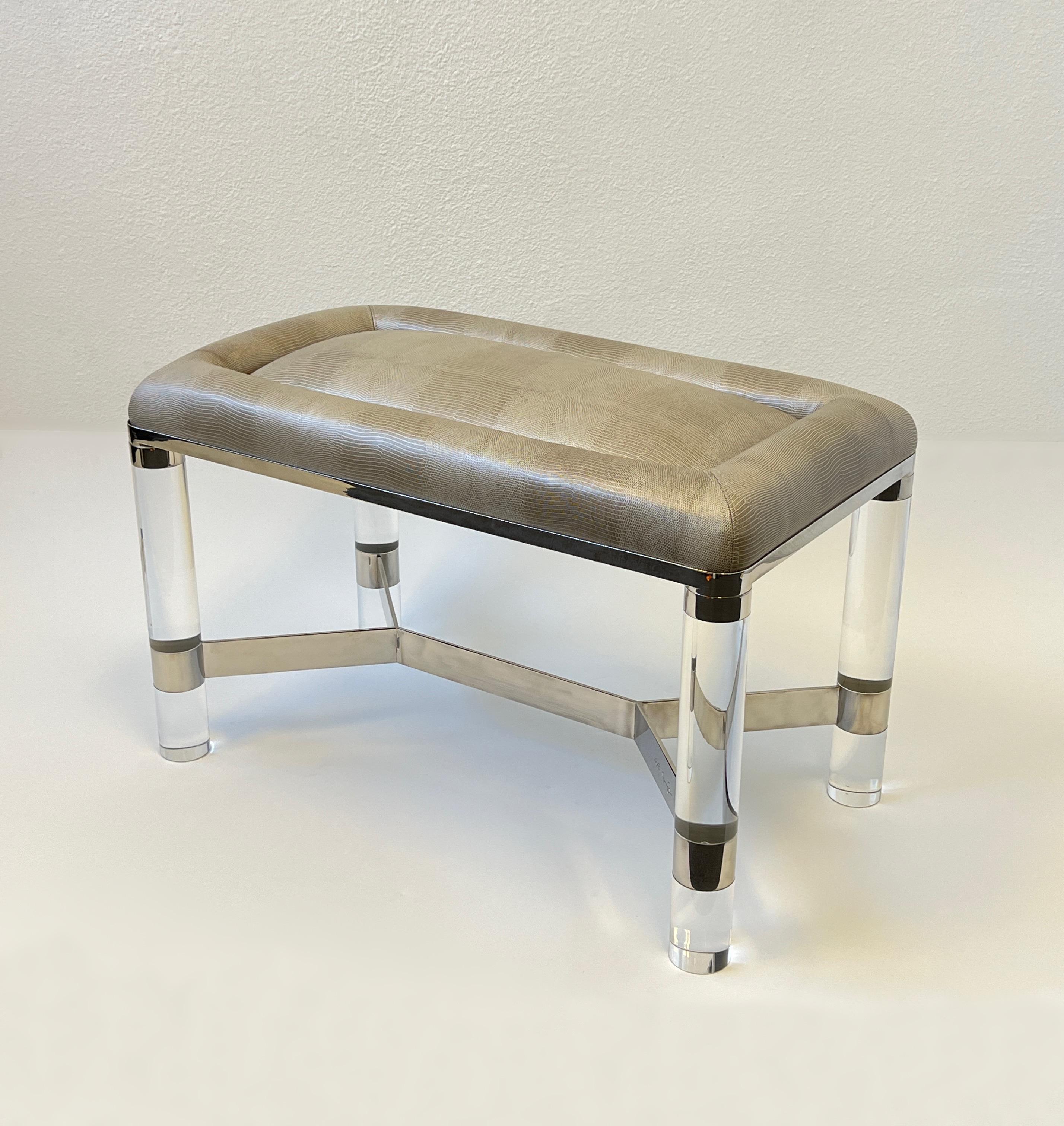 American Chrome and Lucite with Snakeskin Leather Bench by Karl Springer For Sale