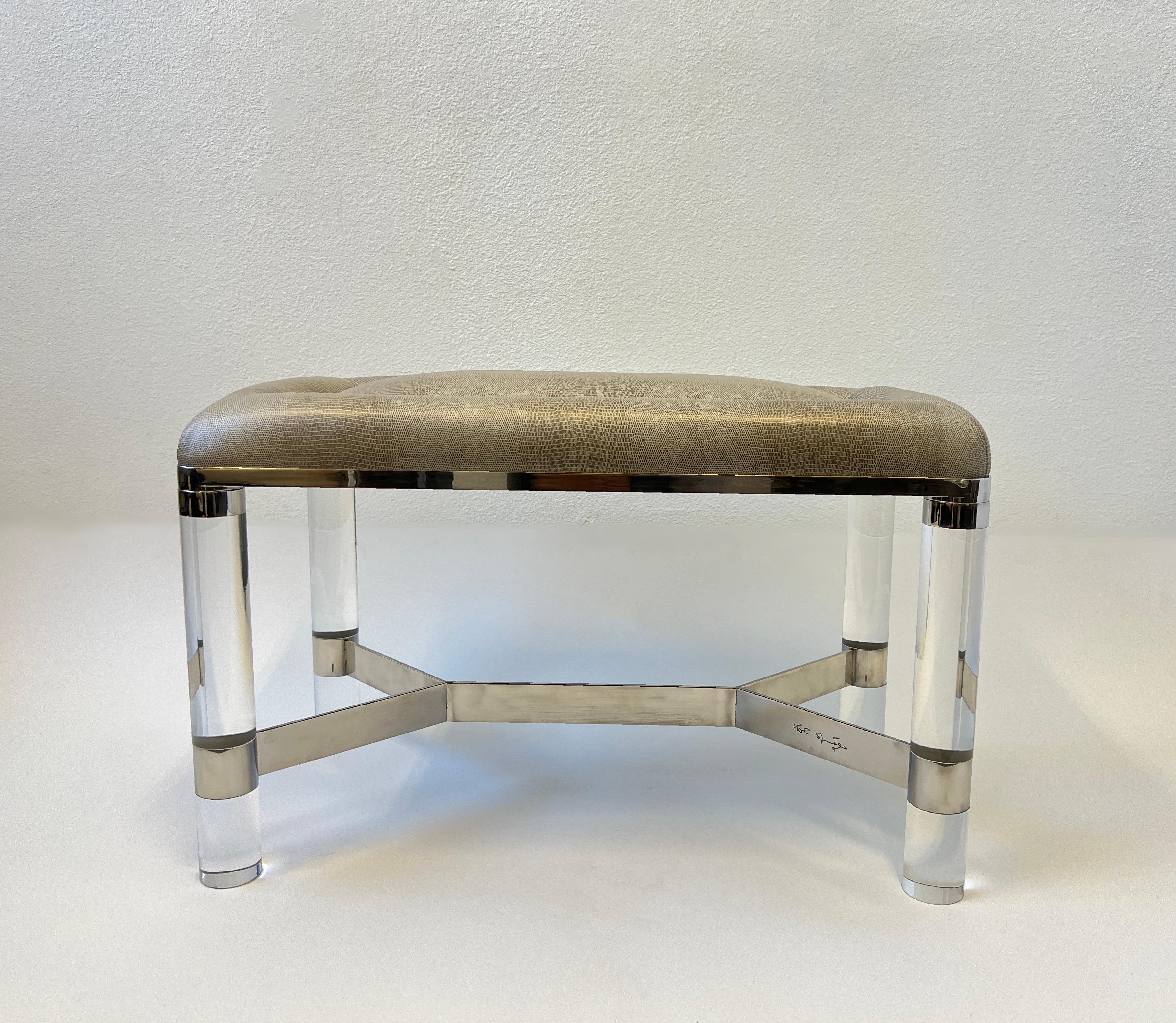 Polished Chrome and Lucite with Snakeskin Leather Bench by Karl Springer For Sale