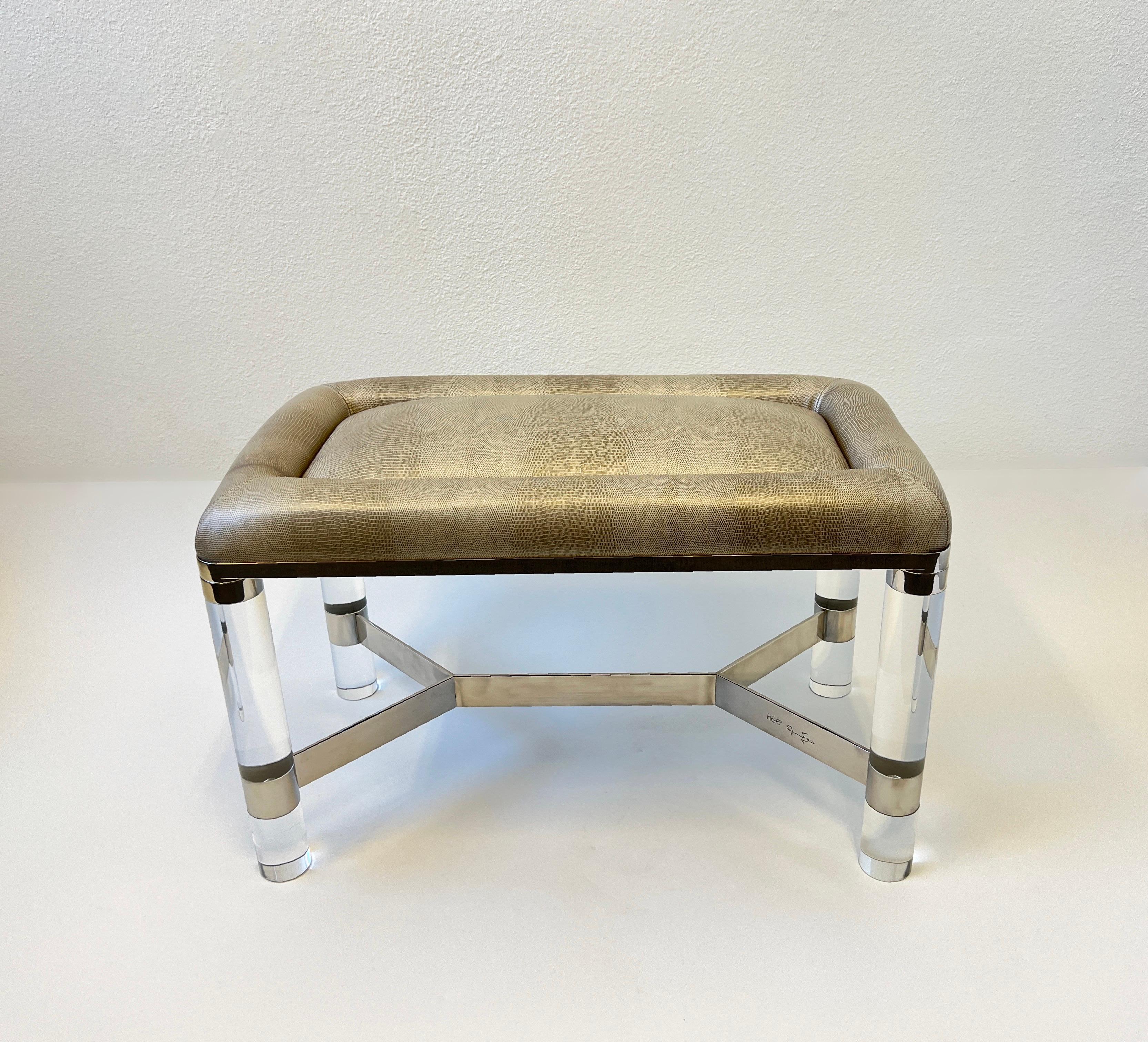 Chrome and Lucite with Snakeskin Leather Bench by Karl Springer In Good Condition For Sale In Palm Springs, CA
