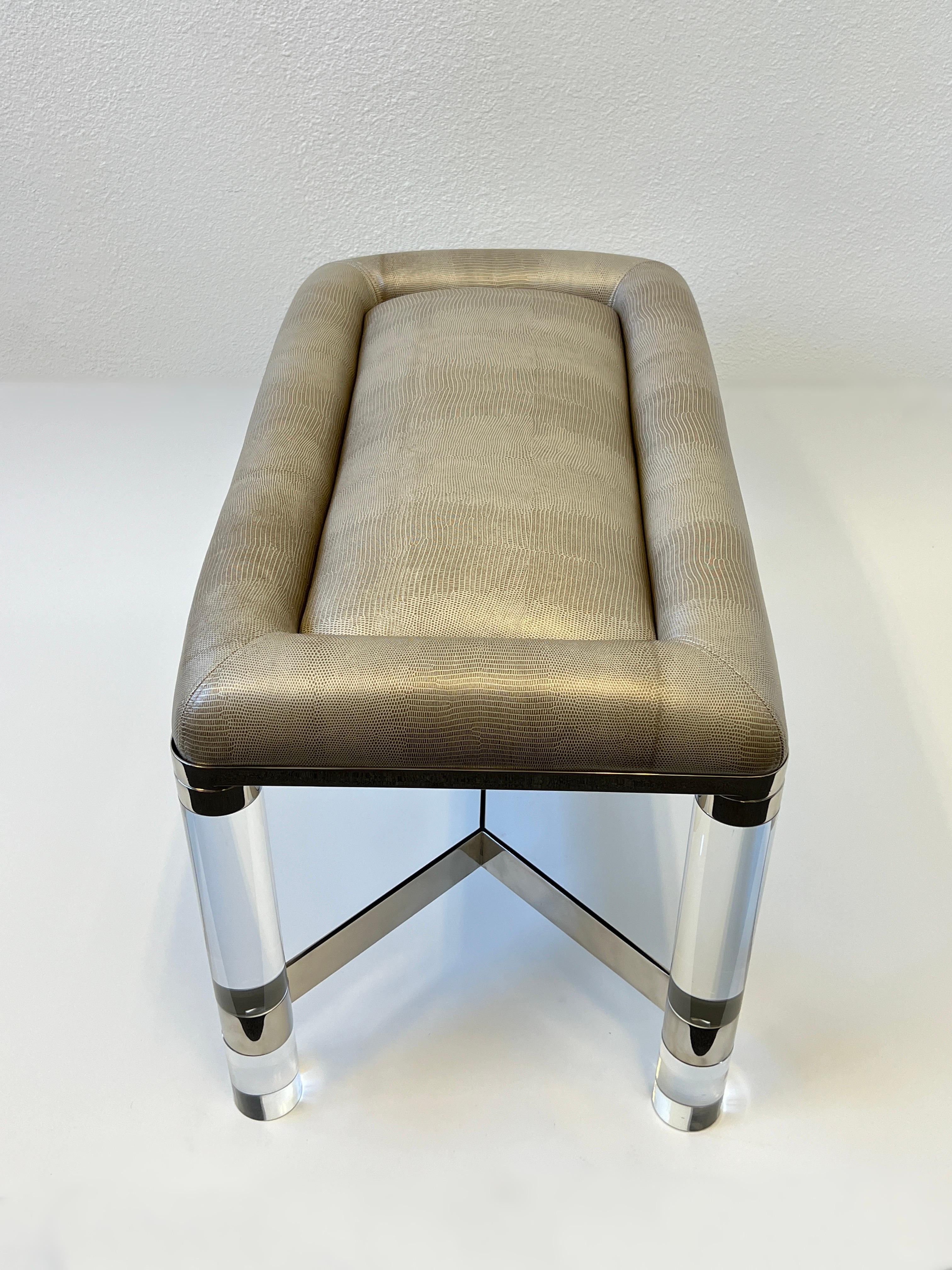 Late 20th Century Chrome and Lucite with Snakeskin Leather Bench by Karl Springer For Sale