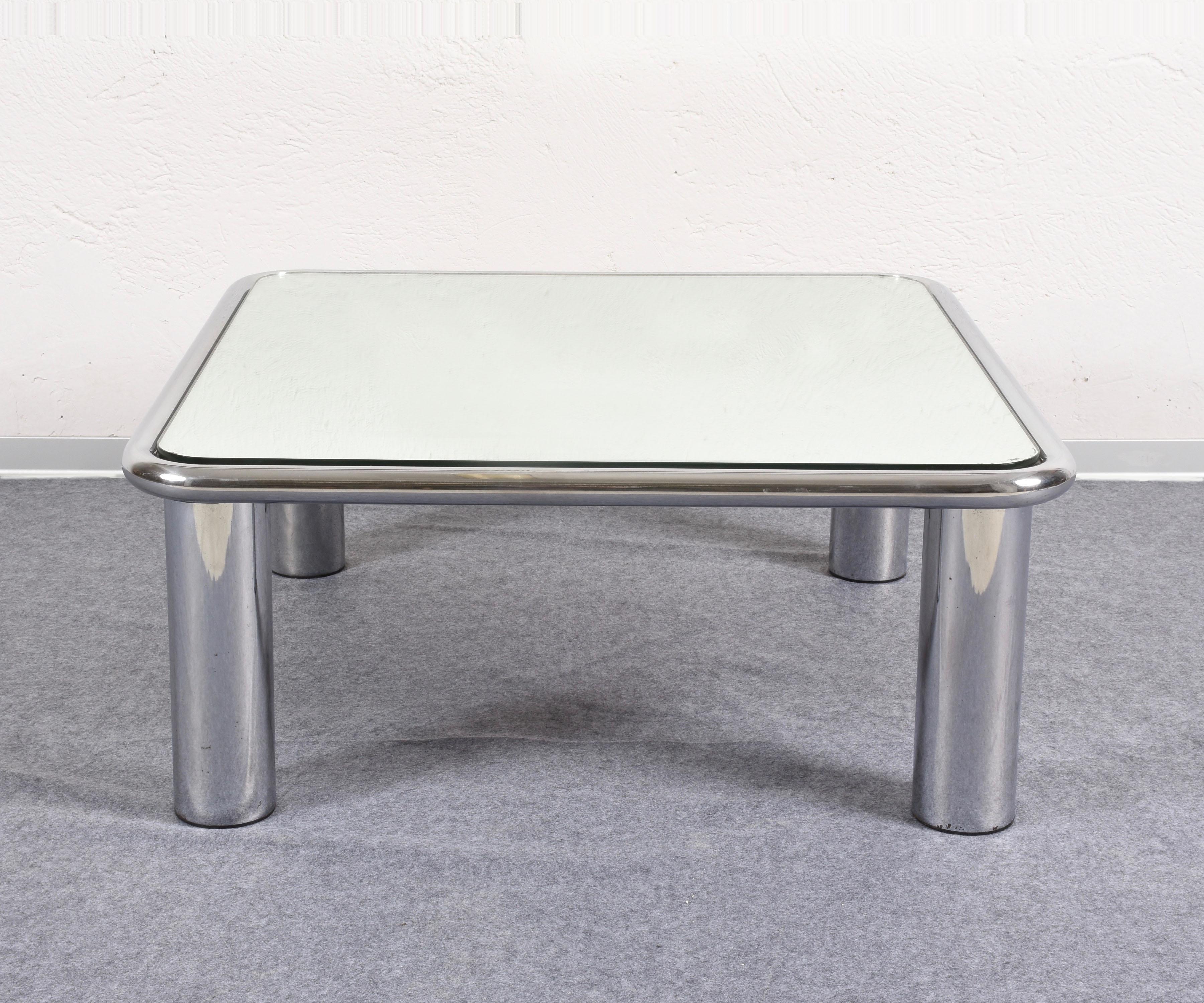 Elegant coffee table with chromed steel base and mirrored glass top was created as part of the 