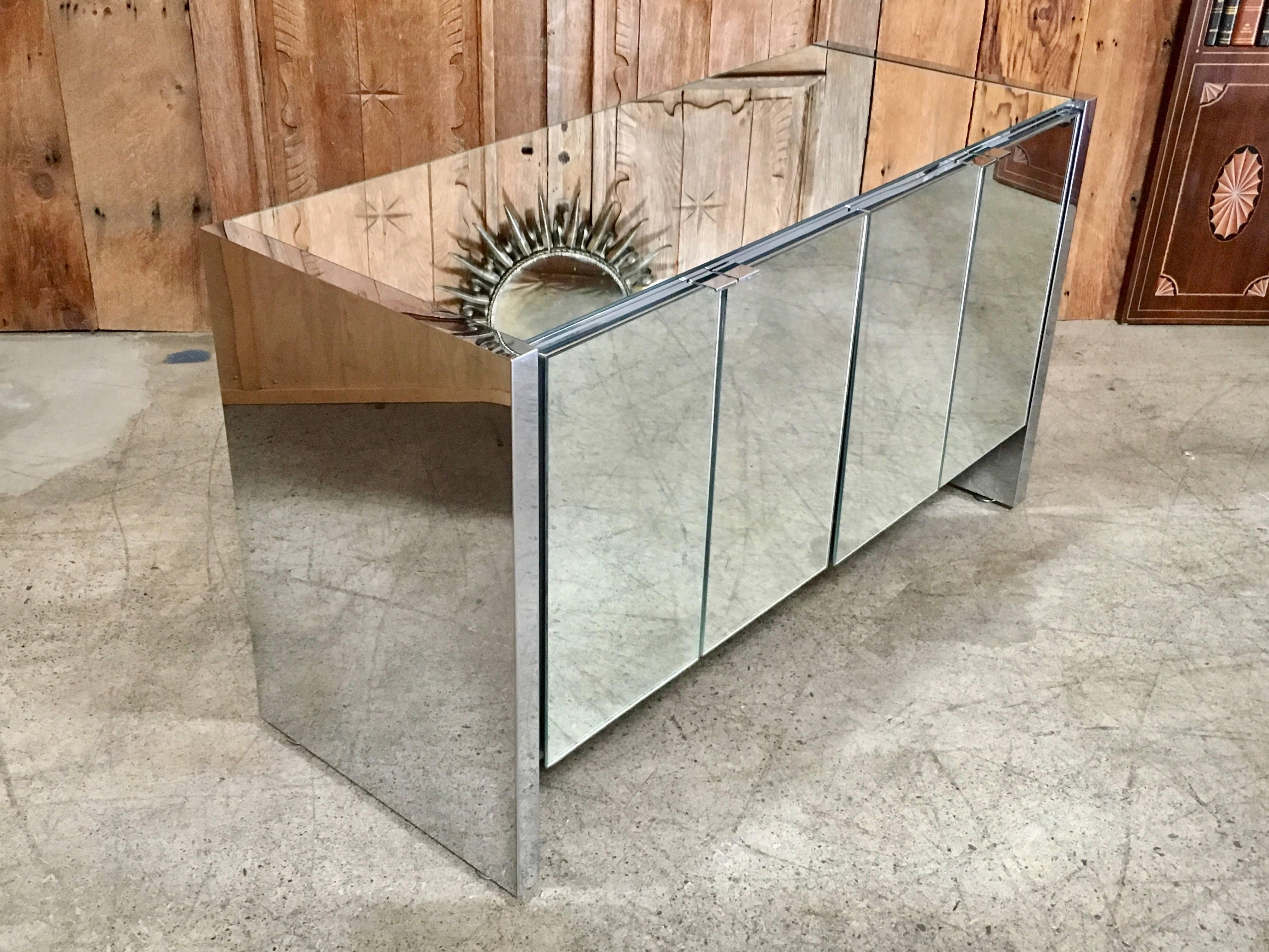 Chrome and Mirror Four-Door Credenza By Ello 7
