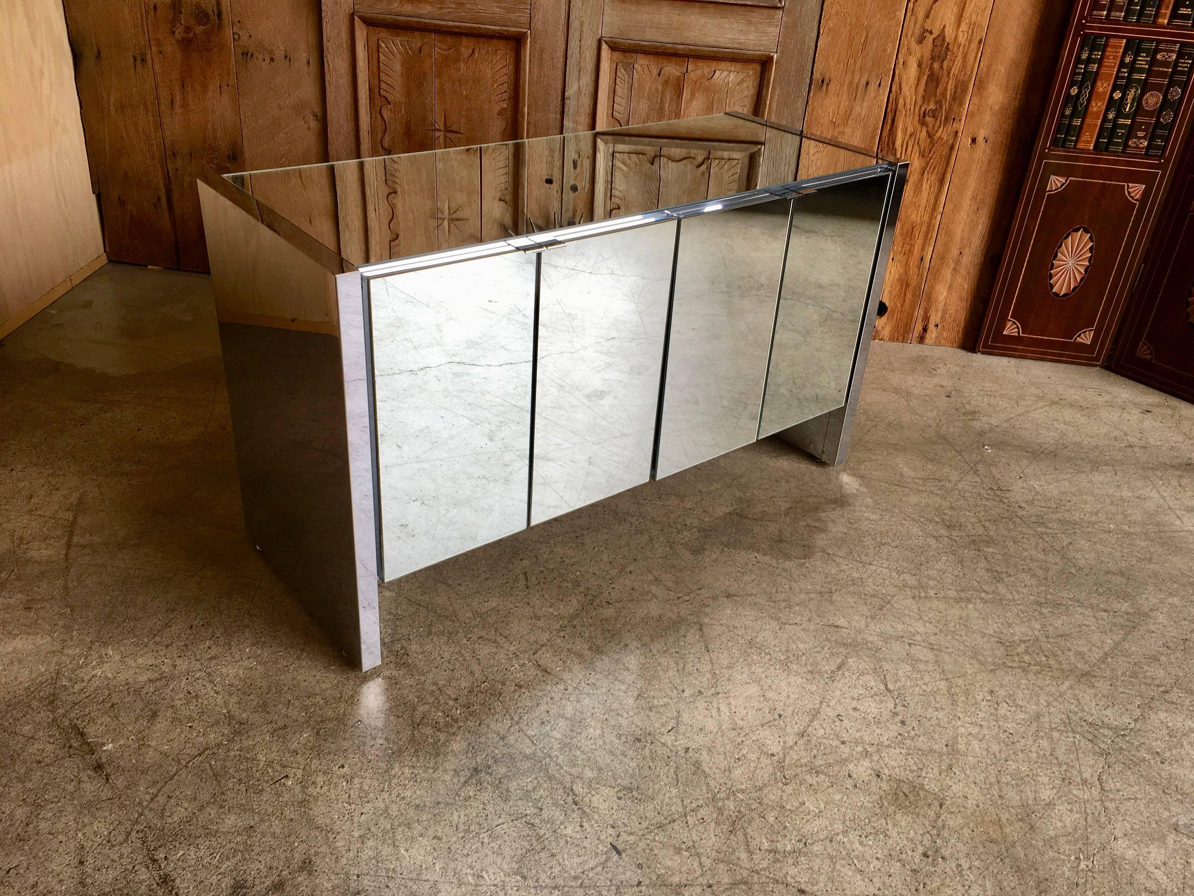 Post-Modern Chrome and Mirror Four-Door Credenza By Ello