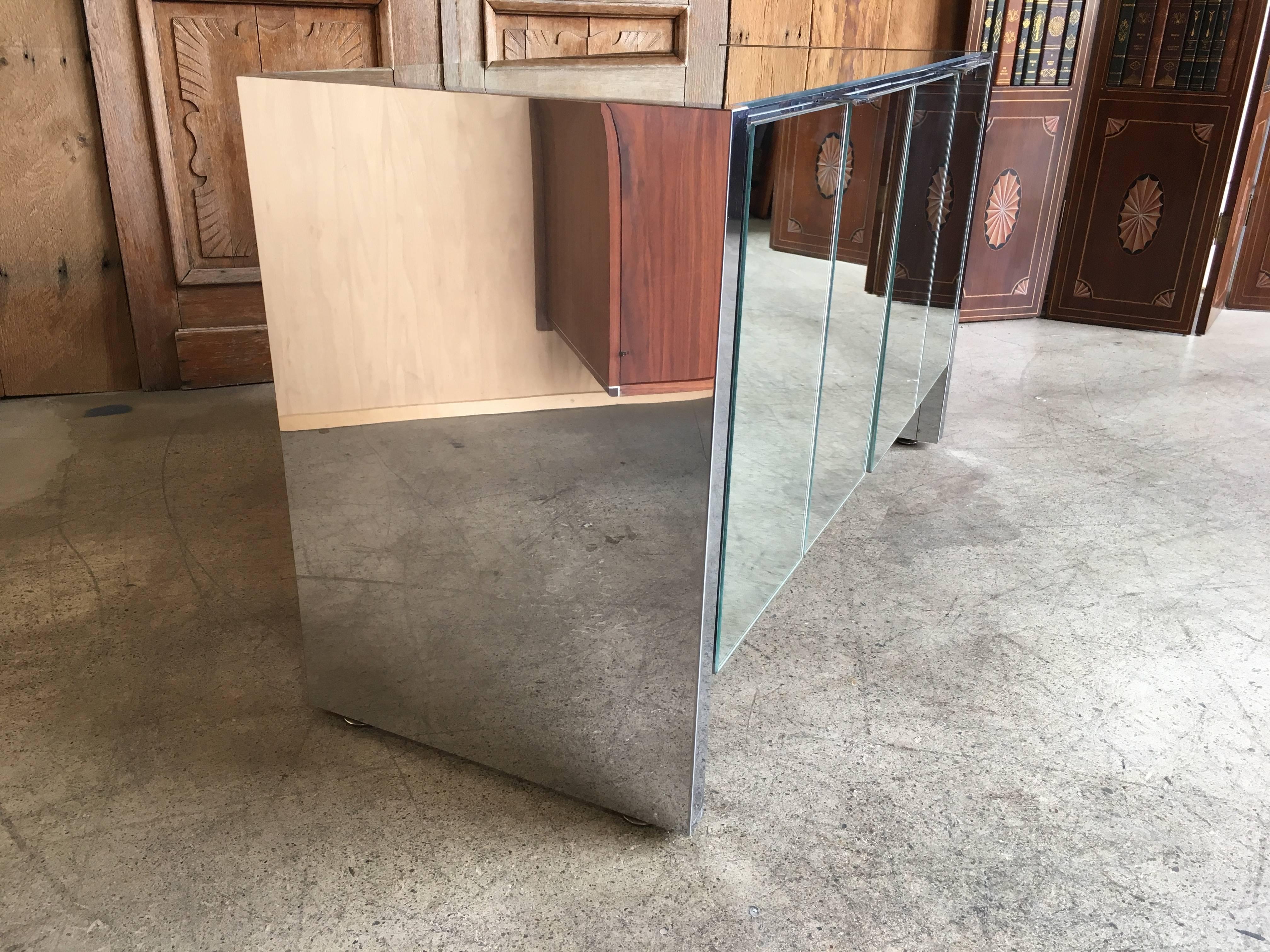 Chrome and Mirror Four-Door Credenza By Ello In Good Condition In Denton, TX