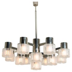 Chrome and Murano Glass Chandelier with 13 Lights by Sciolari, 1970