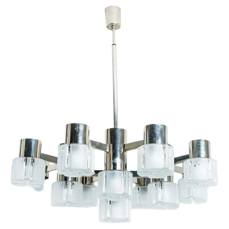 Chrome and Murano Glass Chandelier with 13 Lights by Sciolari, 1970 For Sale