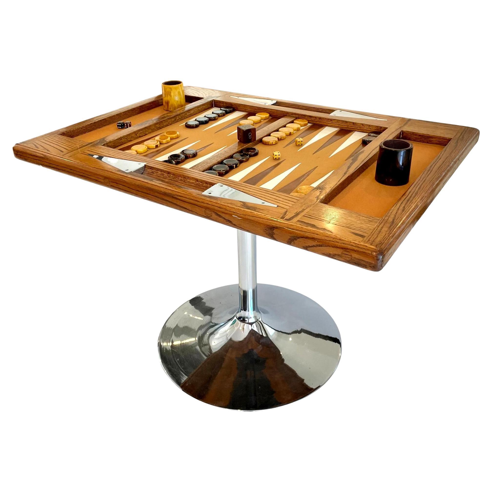 Chrome and Oak Backgammon Table, 1960s, USA