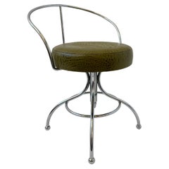Chrome and Olive Green Leather Swivel Vanity Stool by Charles Hollis Jones