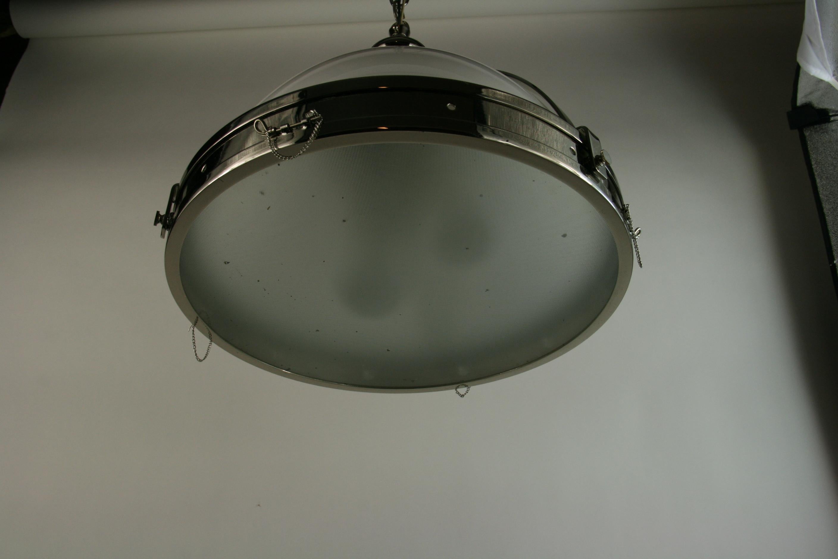 8-210 Opaline and Frosted glass bottom pendant  with chrome banding

2 internal lights
Takes 2 40 watt Edison based bulbs
