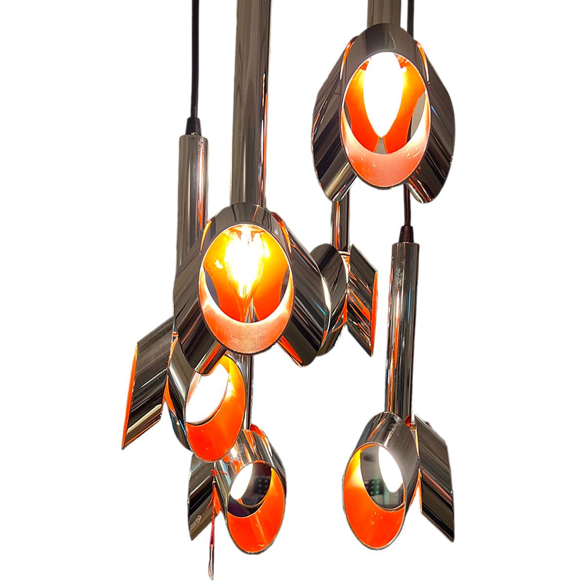 Chrome and Orange Cascading Chandelier from Massive Belgium 1969 In Fair Condition For Sale In Berlin, DE