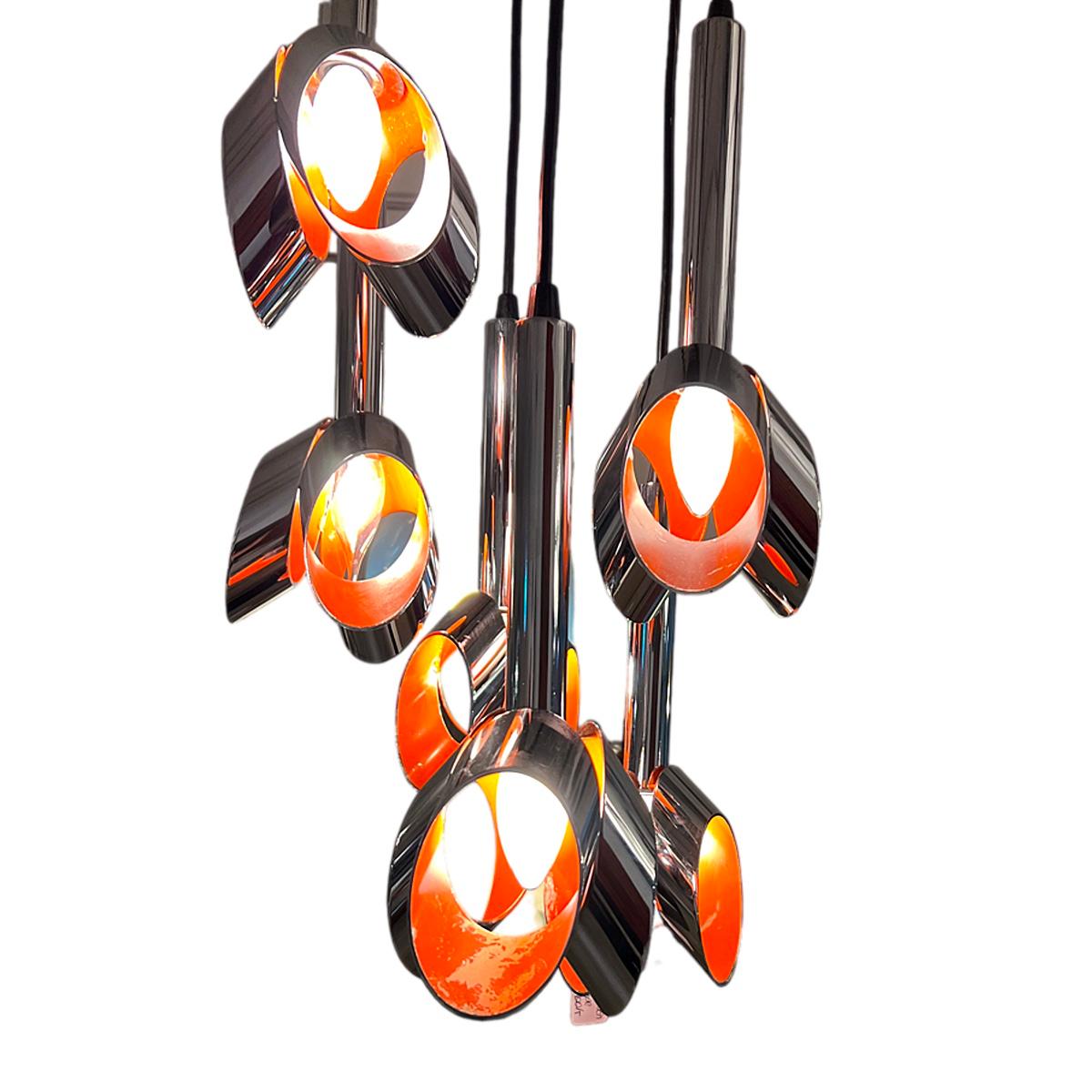 Mid-20th Century Chrome and Orange Cascading Chandelier from Massive Belgium 1969 For Sale