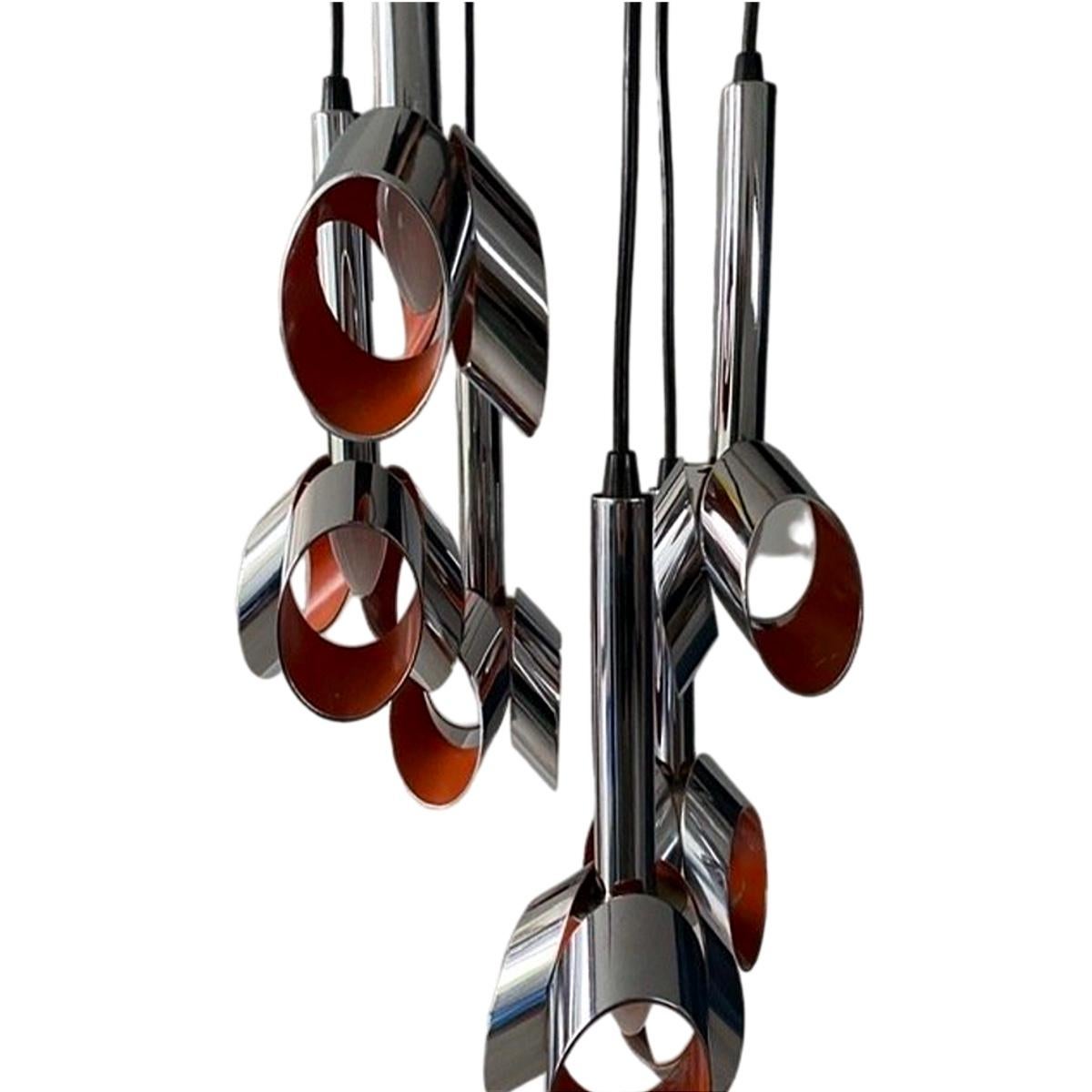 Chrome and Orange Cascading Chandelier from Massive Belgium 1969 For Sale 1