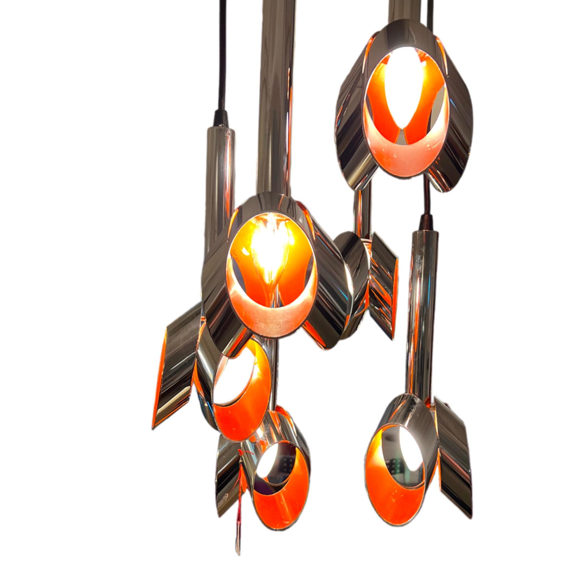 Chrome and Orange Cascading Chandelier from Massive Belgium 1969 For Sale 2
