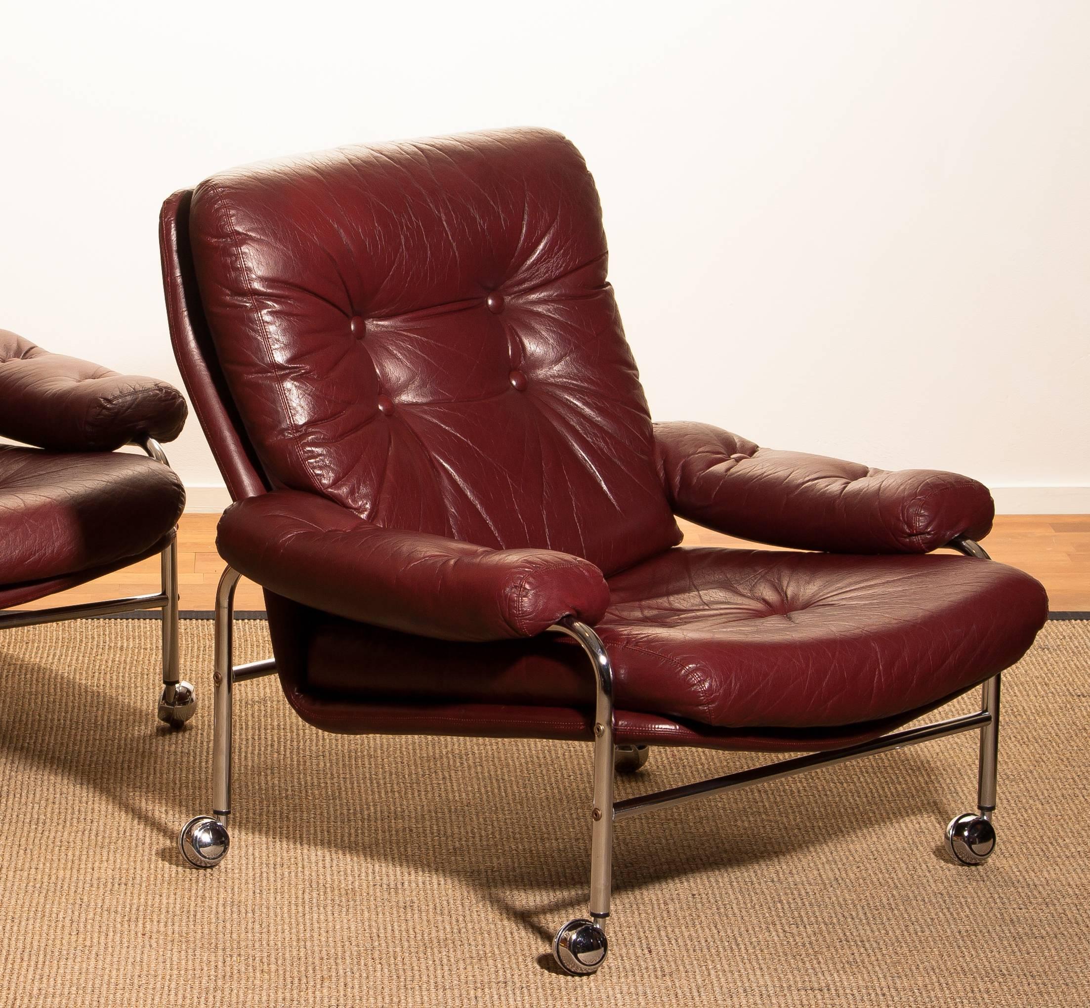 Chrome and Oxen Blood Red Leather Easy / Lounge Chairs by Scapa Rydaholm, Sweden 5