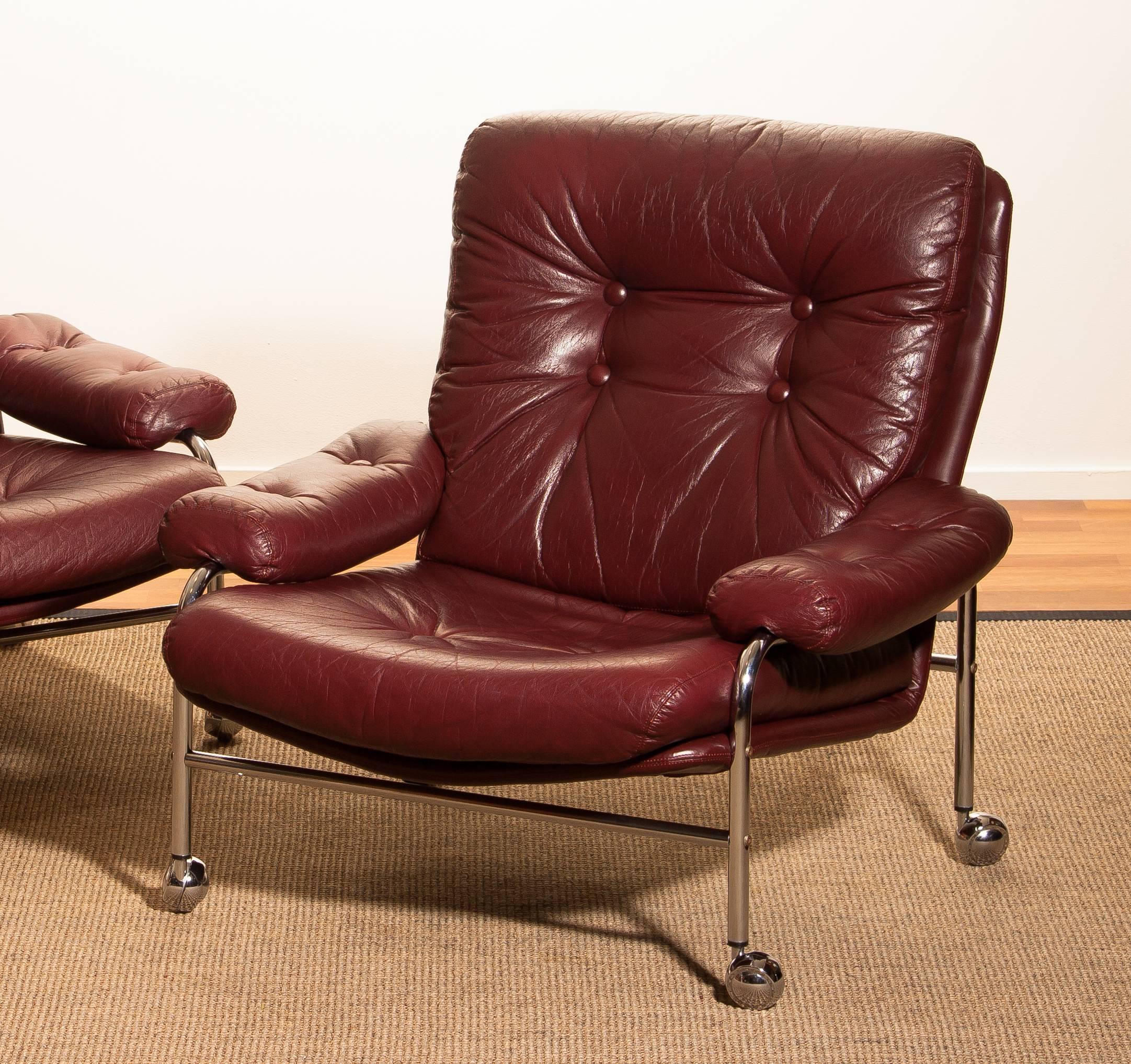 Chrome and Oxen Blood Red Leather Easy / Lounge Chairs by Scapa Rydaholm, Sweden 6