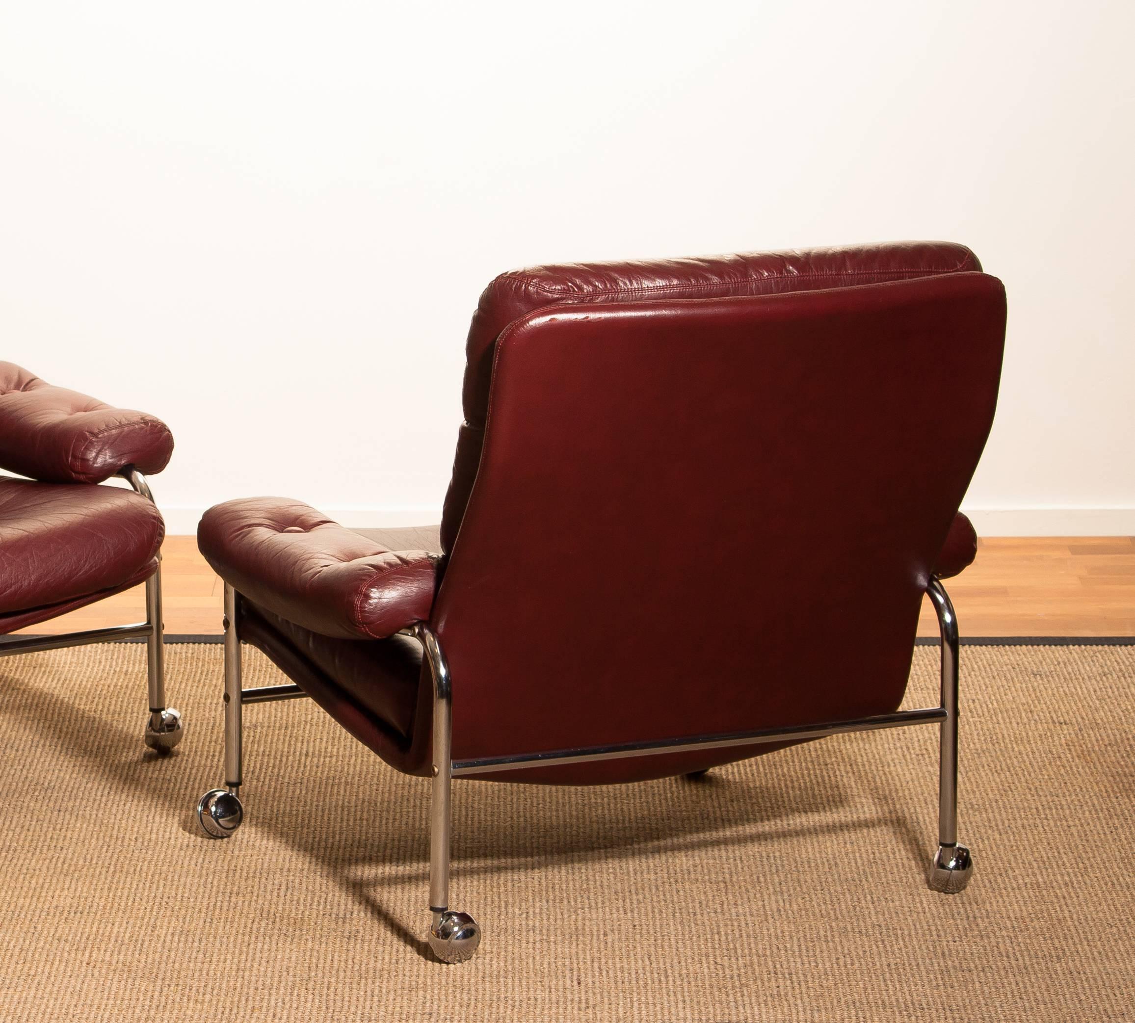 Chrome and Oxen Blood Red Leather Easy / Lounge Chairs by Scapa Rydaholm, Sweden 7