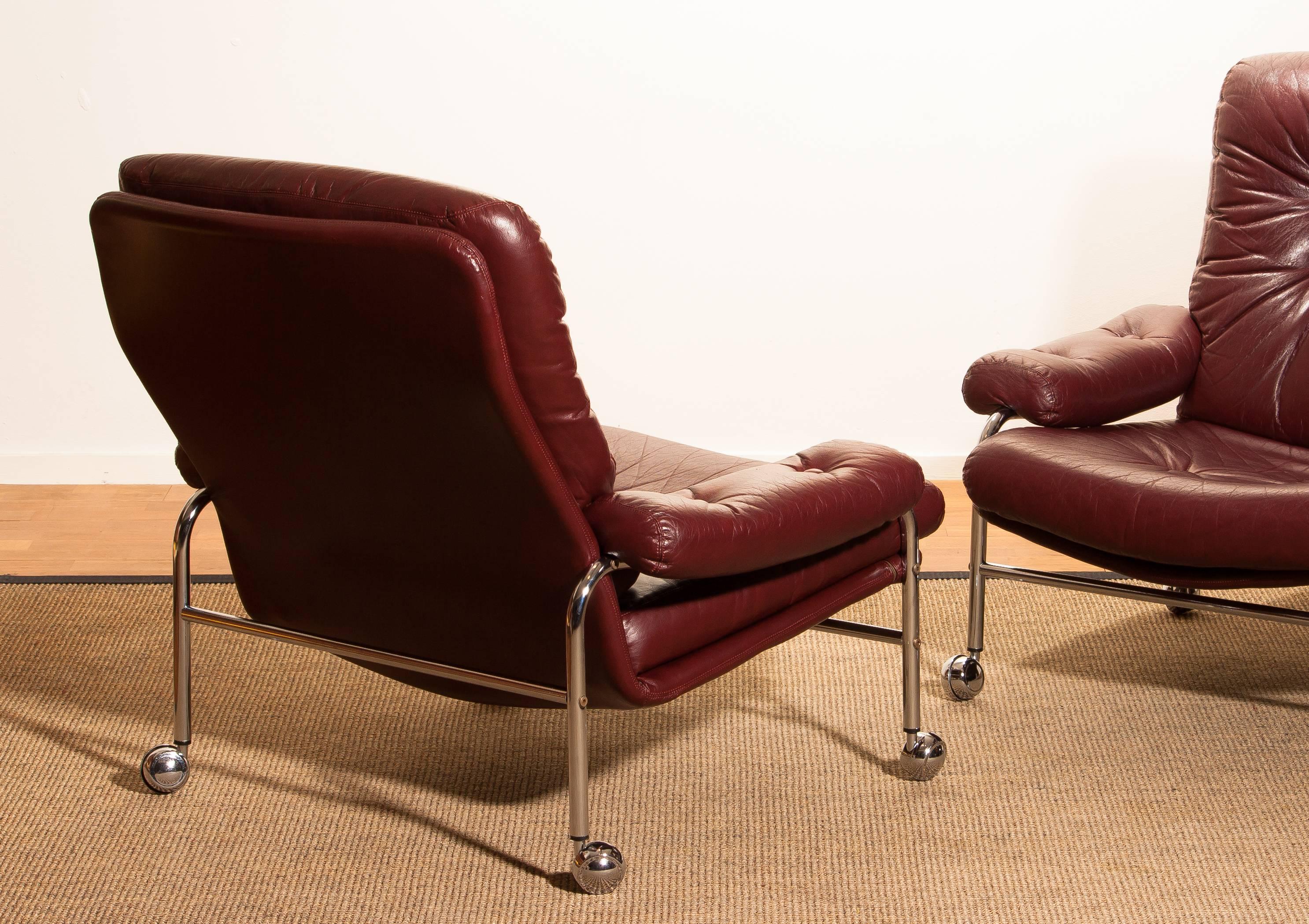 Chrome and Oxen Blood Red Leather Easy / Lounge Chairs by Scapa Rydaholm, Sweden 4