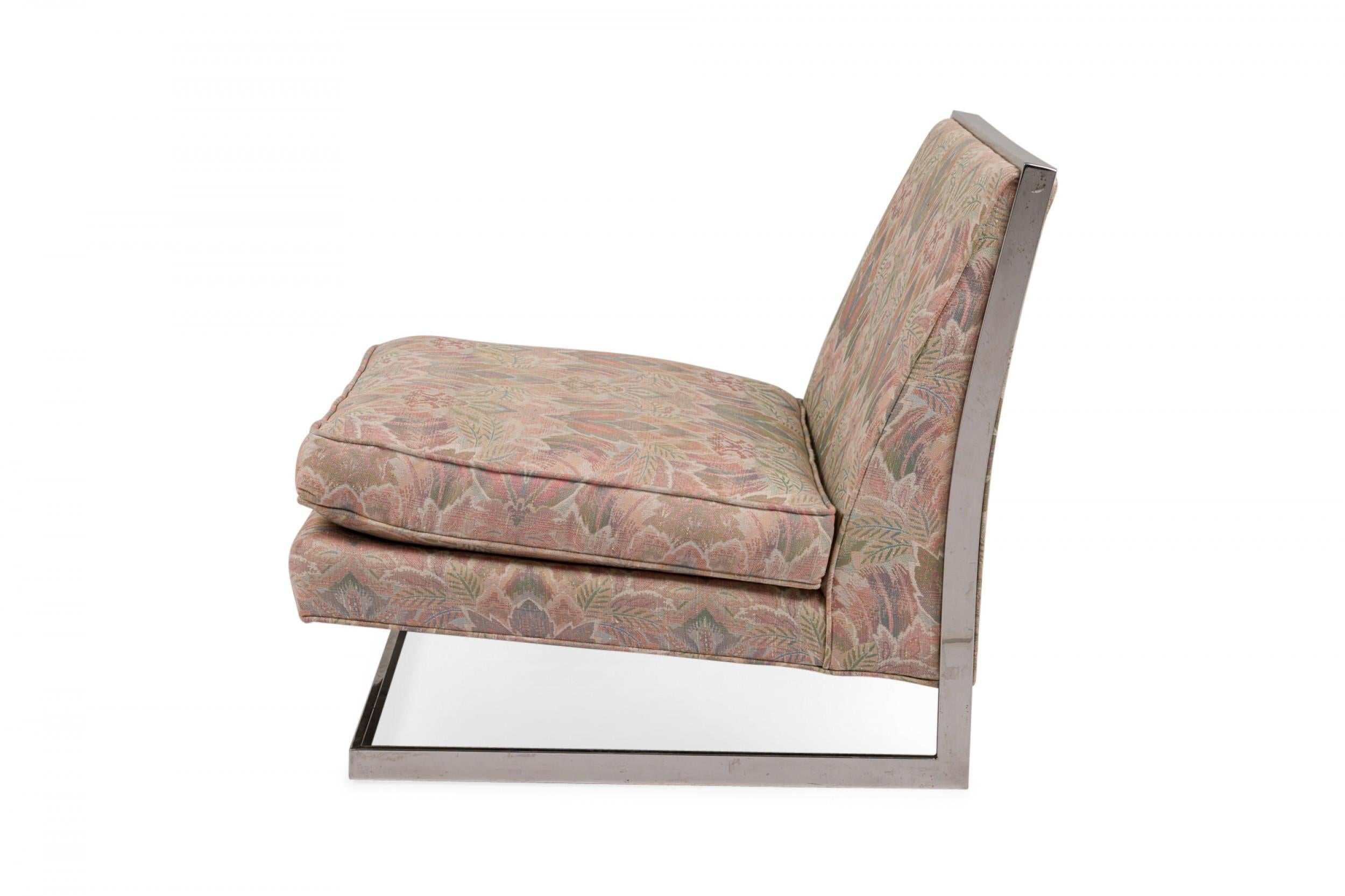 Mid-Century Modern  Chrome and Pink Floral Fabric Floating Slipper Chair 'Manner of Milo Baughman' For Sale