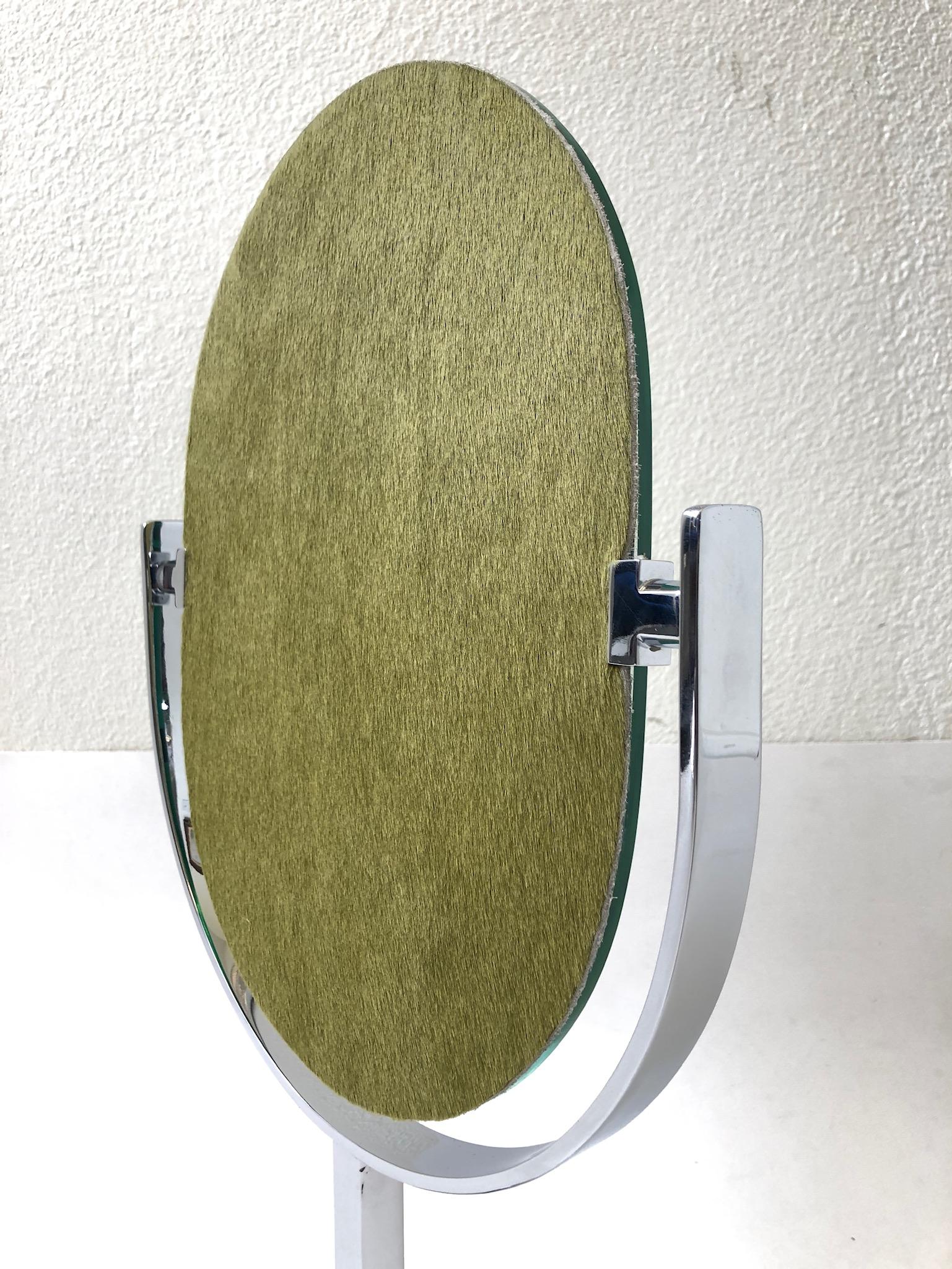 Polished Chrome and Pony Skin Vanity Mirror in the Manner of Charles Hollis Jones