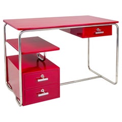 Chrome and Red Bauhaus Desk, Made in 1930s Germany, Fully Restored