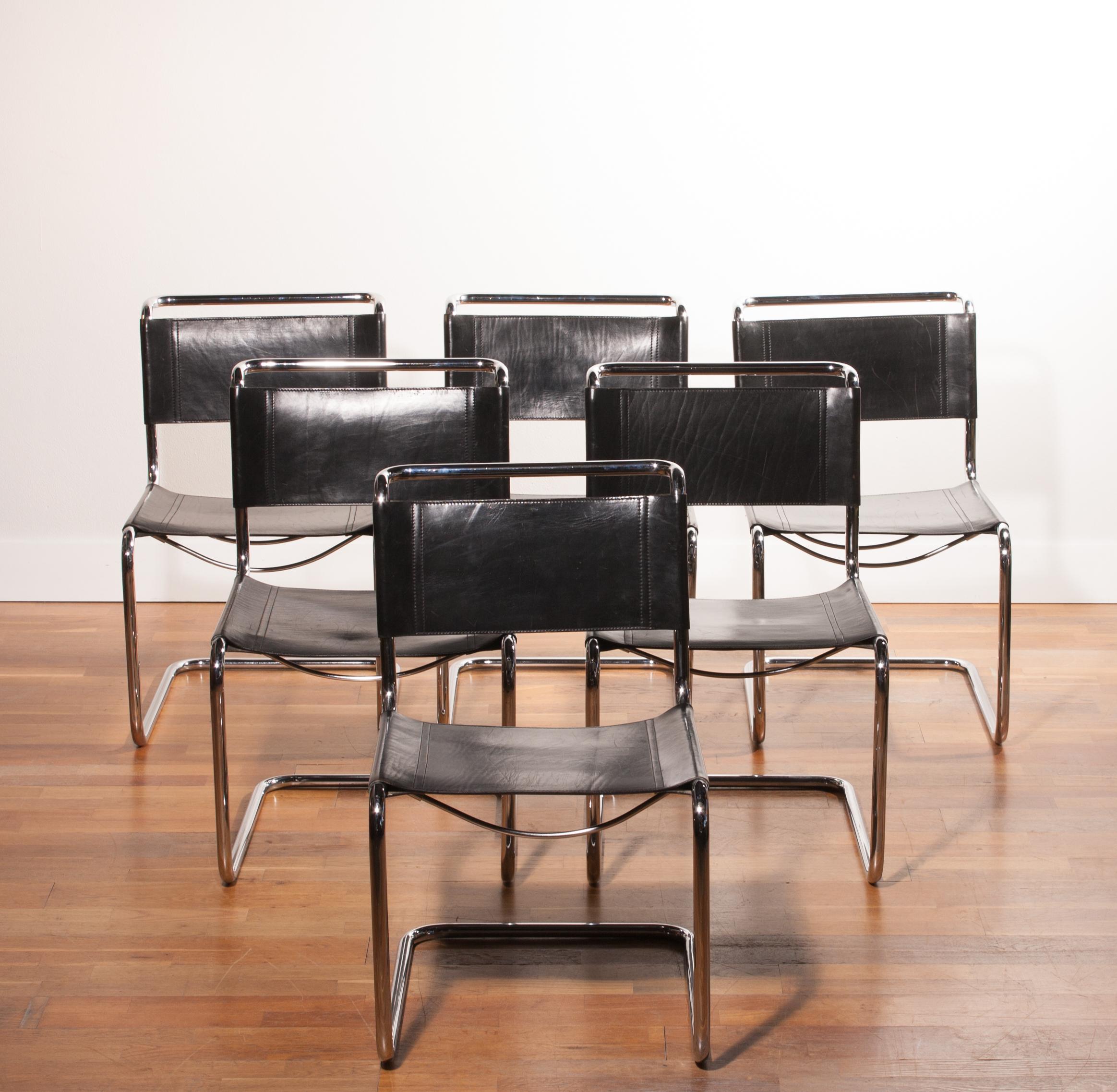 Late 20th Century Chrome and Saddle Leather Set of Six Dining Chairs by Mart Stam for Fasem