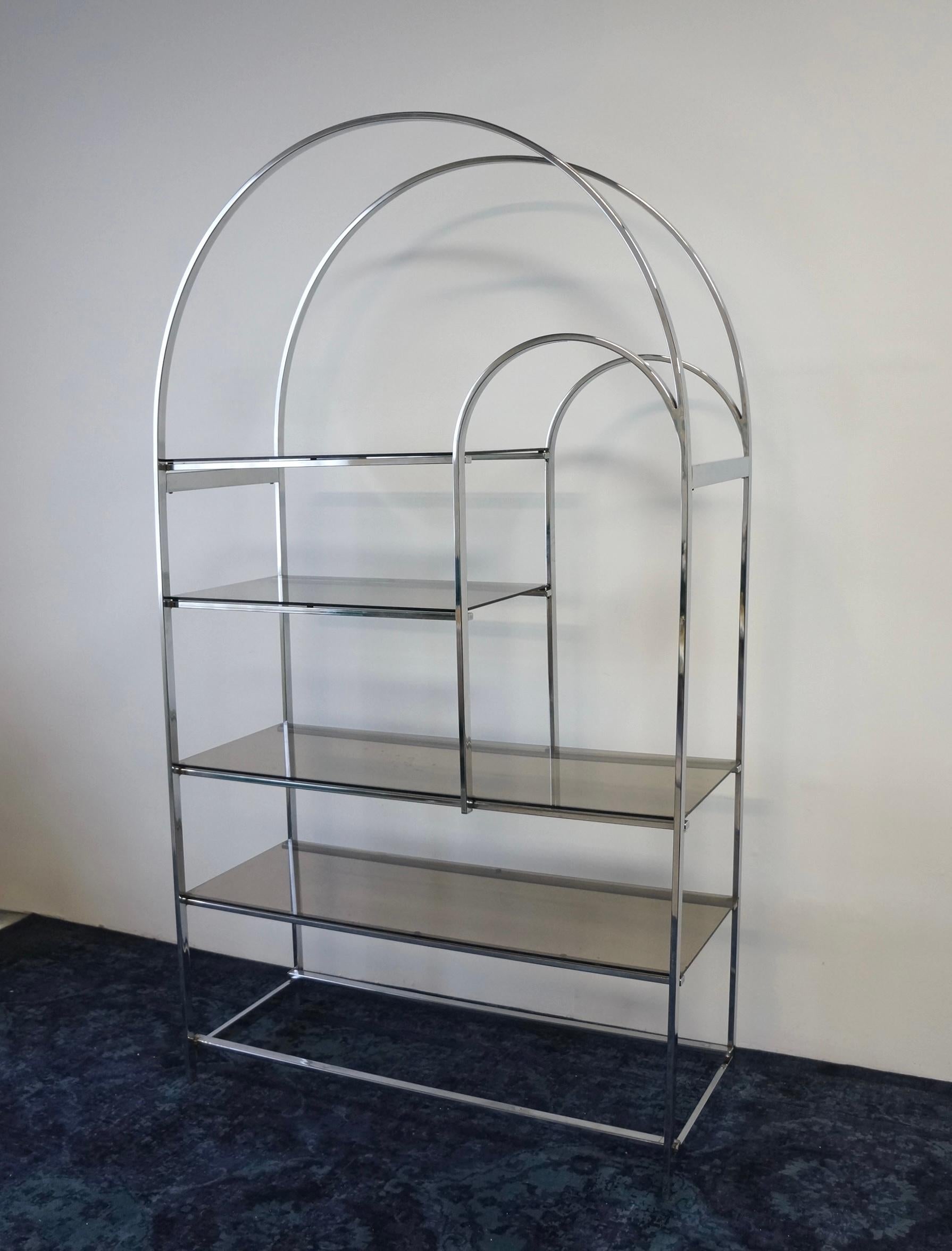 Mid-Century Modern Chrome and Smoked Fumed Glass Arch Etagere 