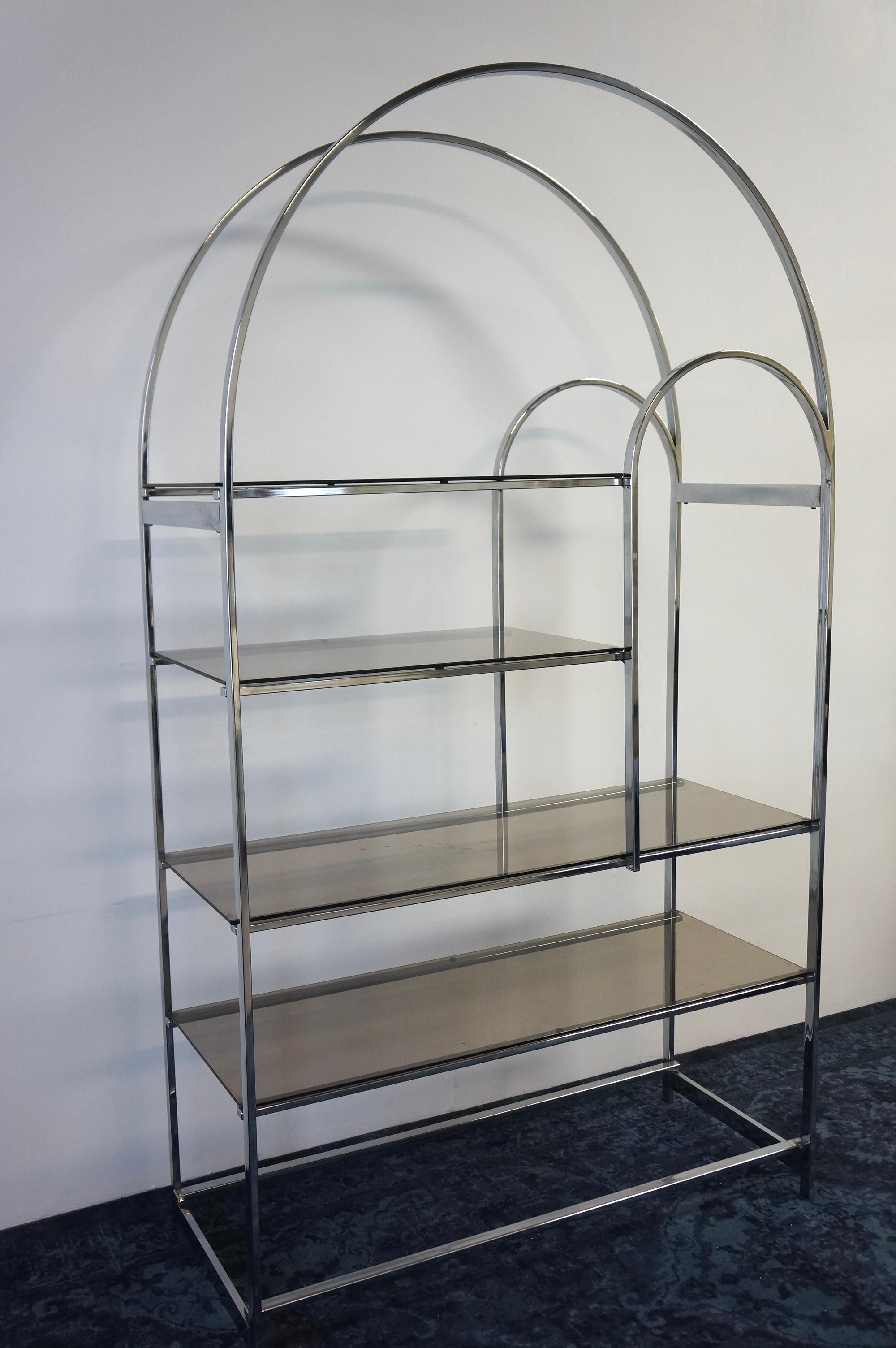 Unknown Chrome and Smoked Fumed Glass Arch Etagere 