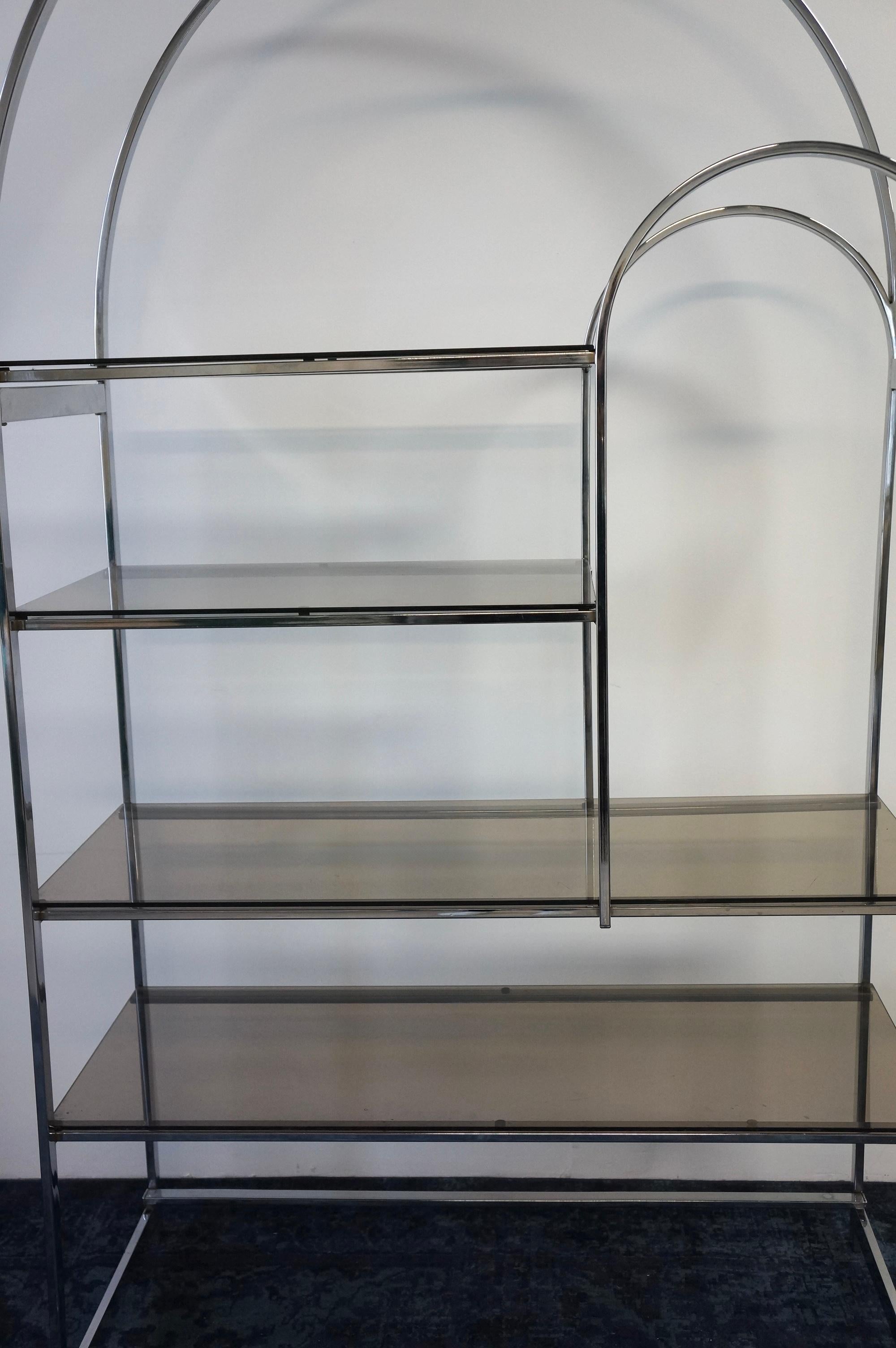 Chrome and Smoked Fumed Glass Arch Etagere  In Fair Condition In Toronto, ON