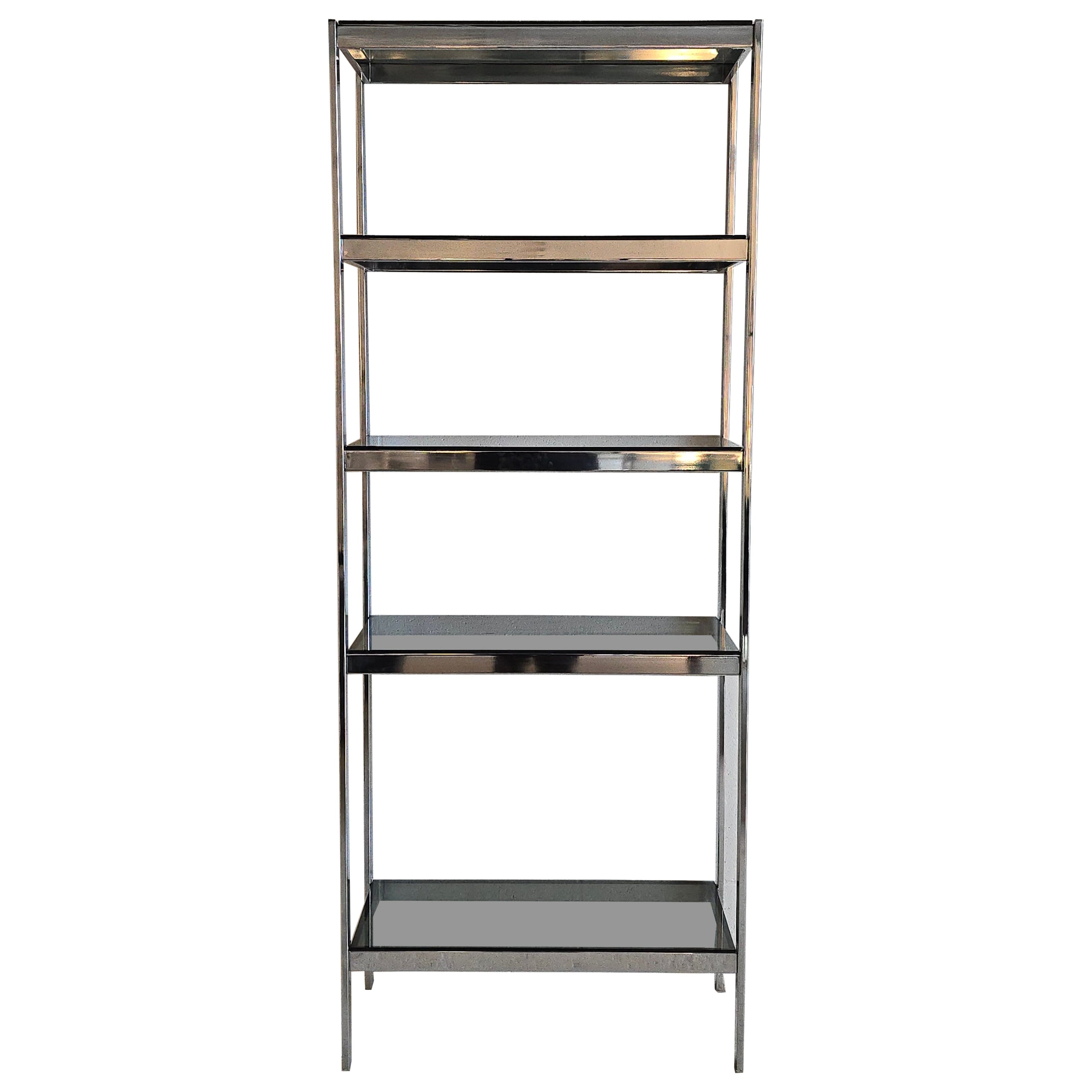 Chrome and Smoked Fumed Glass Shelving Unit Etagere