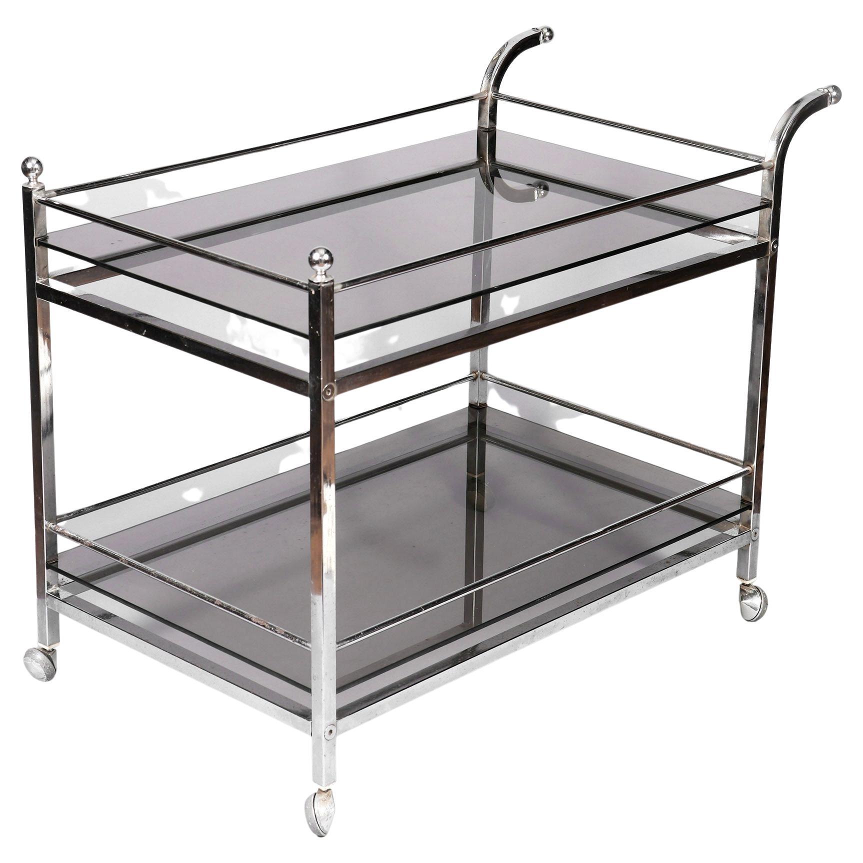 Chrome and Smoked Glass Bar Cart Drinks Trolley For Sale
