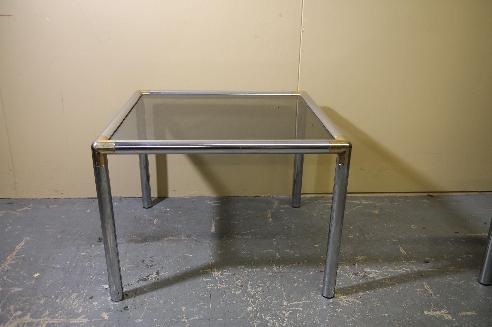 Mid-Century Modern Chrome and smoked glass coffee table and side table attributed to Milo Baughman For Sale