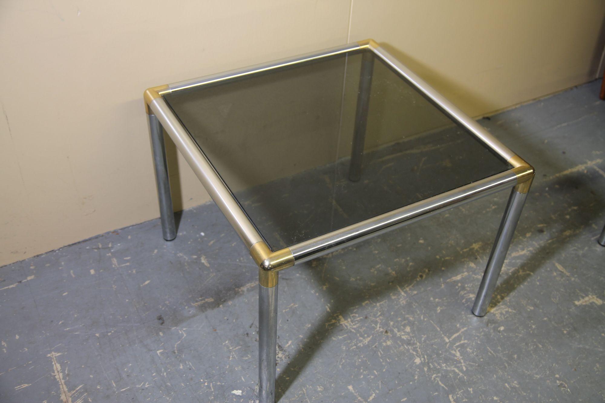 American Chrome and smoked glass coffee table and side table attributed to Milo Baughman For Sale