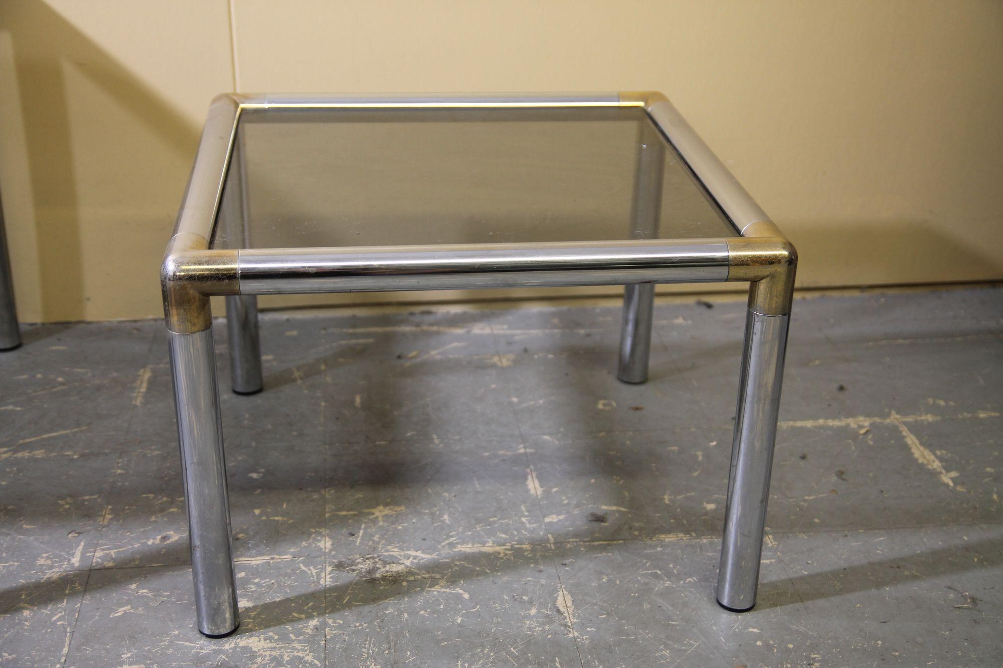 Chrome and smoked glass coffee table and side table attributed to Milo Baughman In Good Condition For Sale In Asbury Park, NJ