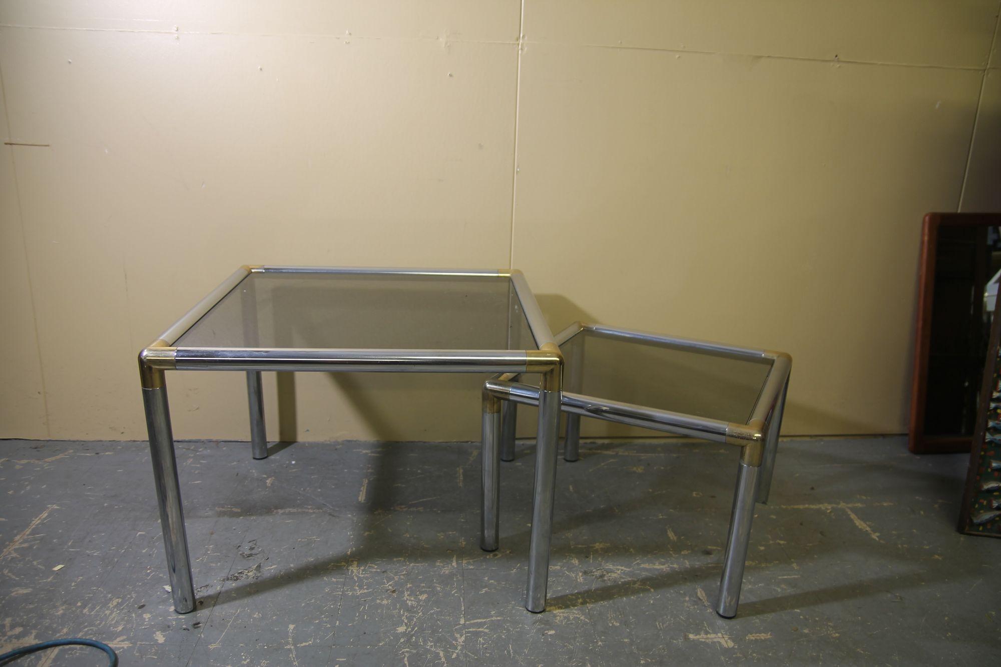 Glass Chrome and smoked glass coffee table and side table attributed to Milo Baughman For Sale