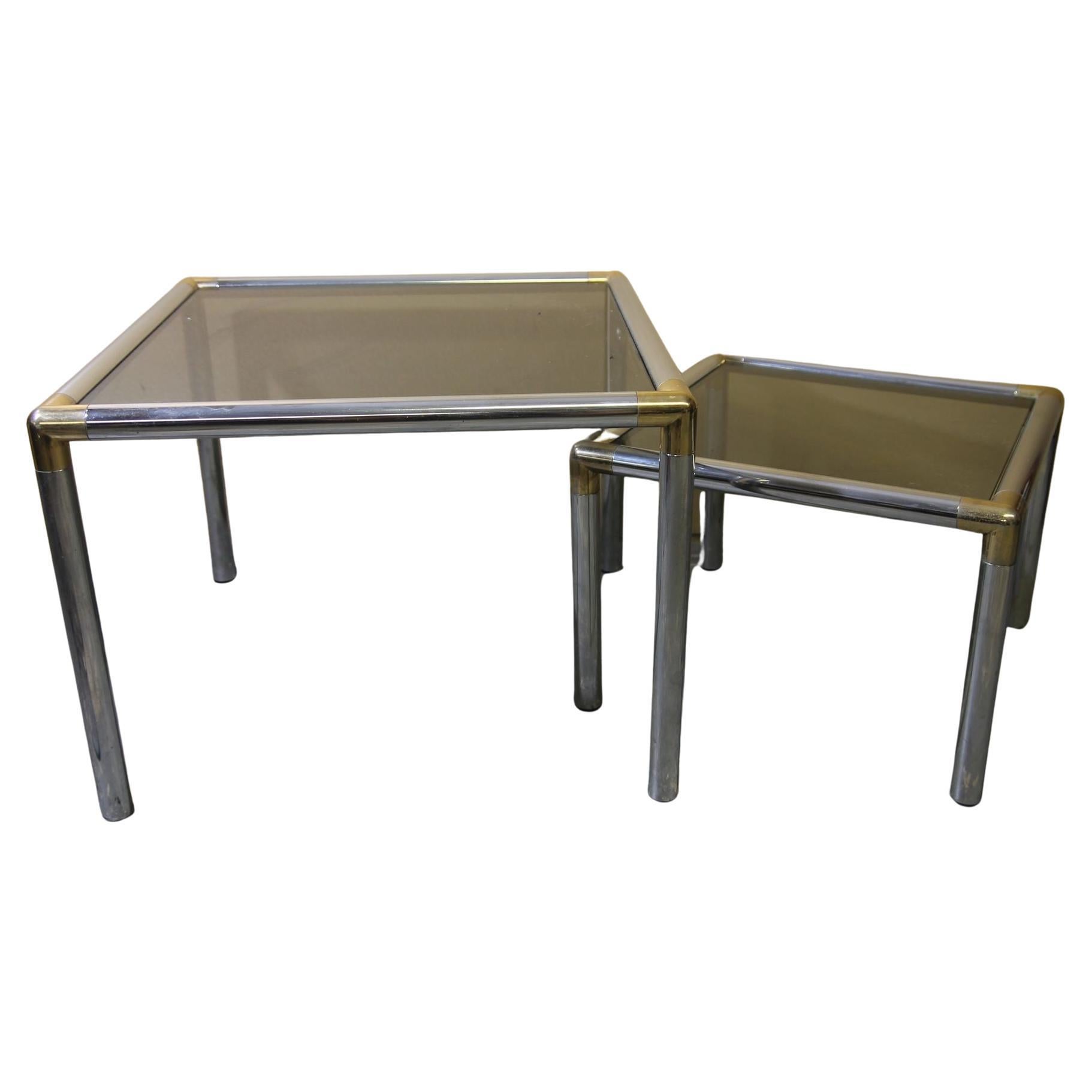 Chrome and smoked glass coffee table and side table attributed to Milo Baughman For Sale