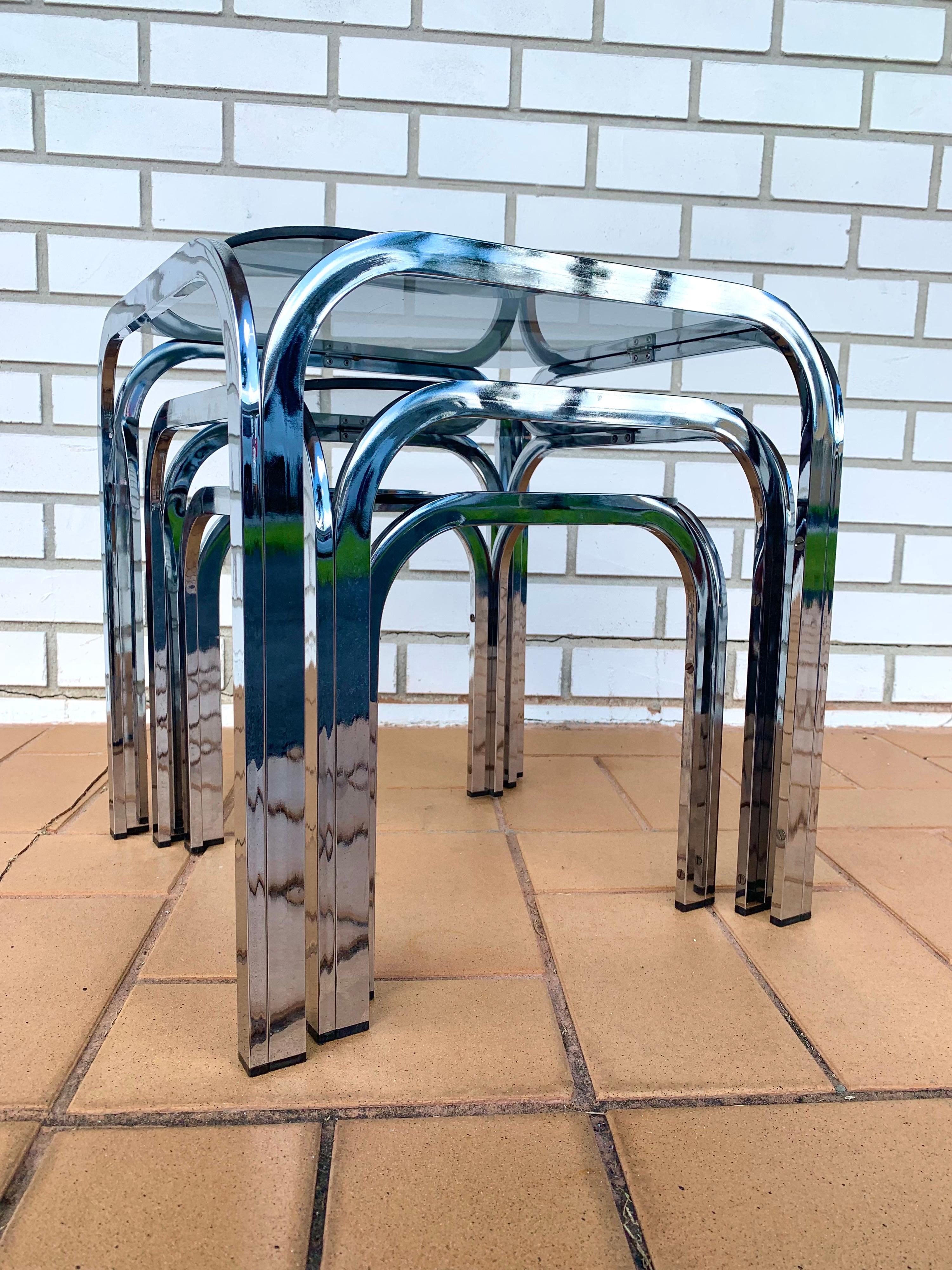 Chrome and Smoked Glass Nesting Tables in the Style of Marcel Breuer For Sale 2