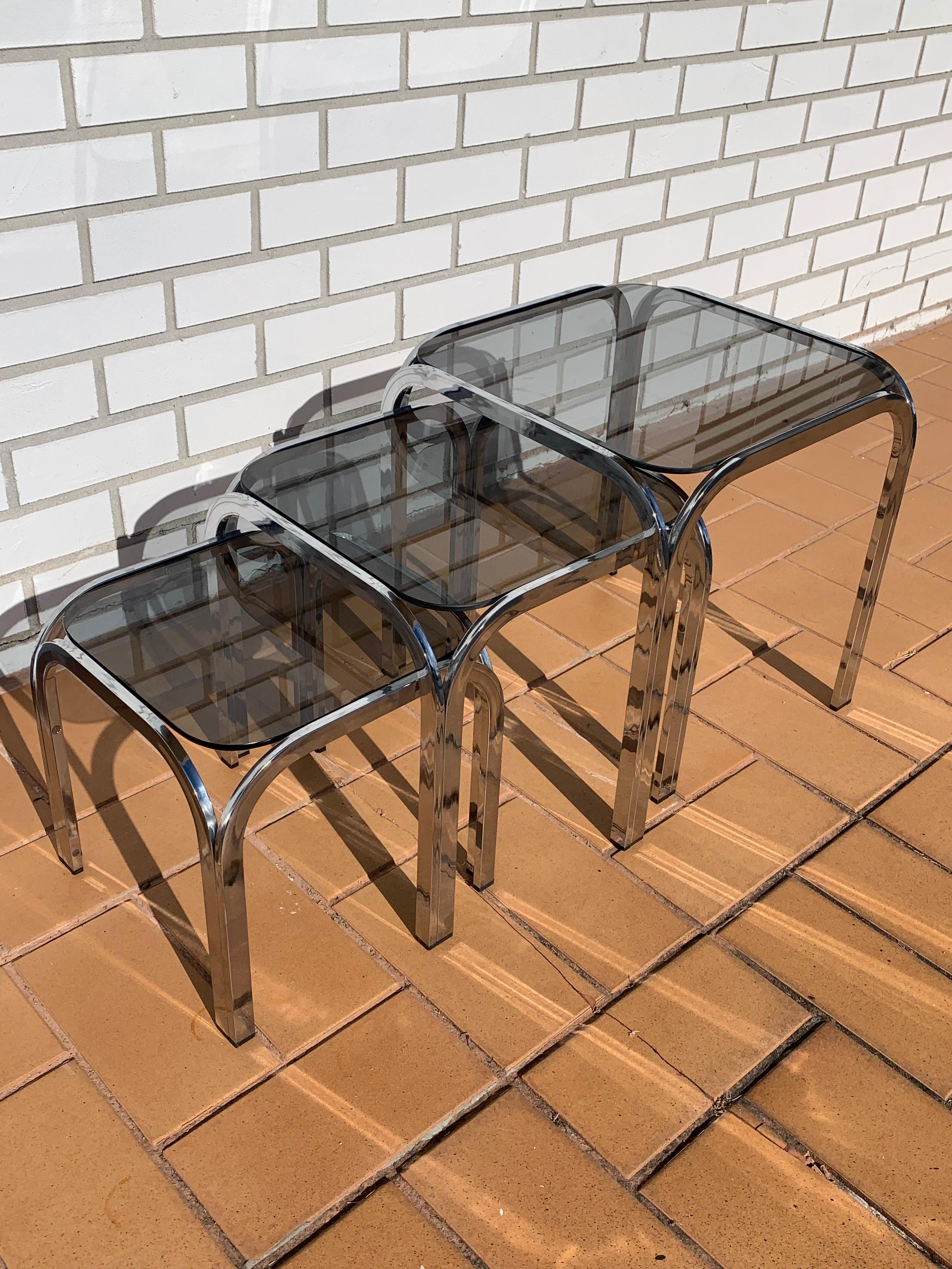 Chrome and Smoked Glass Nesting Tables in the Style of Marcel Breuer For Sale 3
