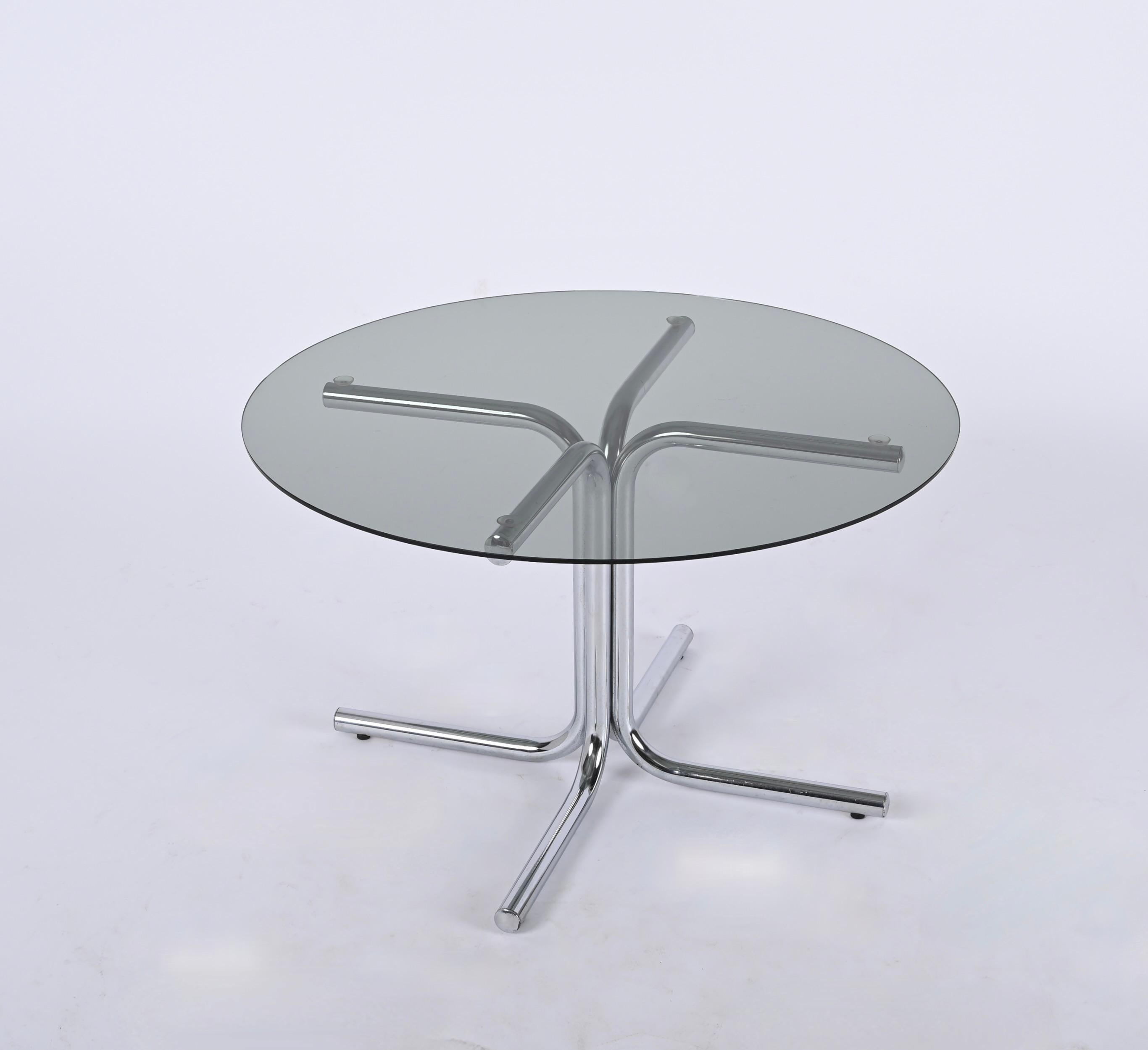 Chrome and Smoked Glass Round Italian Coffee Table, Giotto Stoppino Style, 1970s For Sale 6