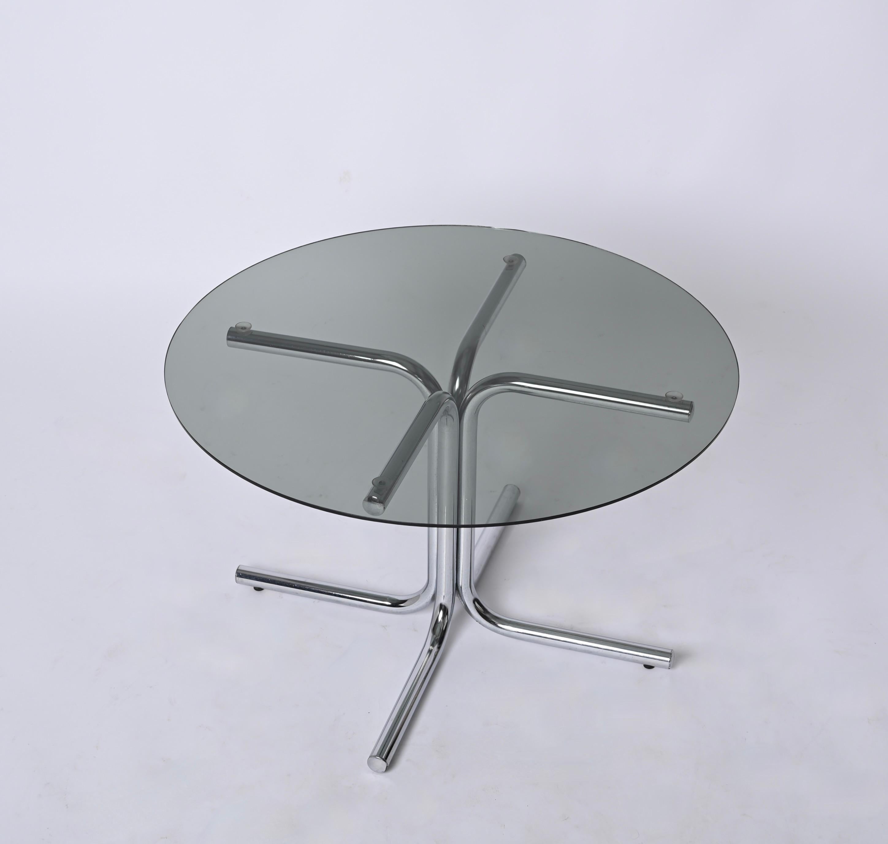Chrome and Smoked Glass Round Italian Coffee Table, Giotto Stoppino Style, 1970s For Sale 7