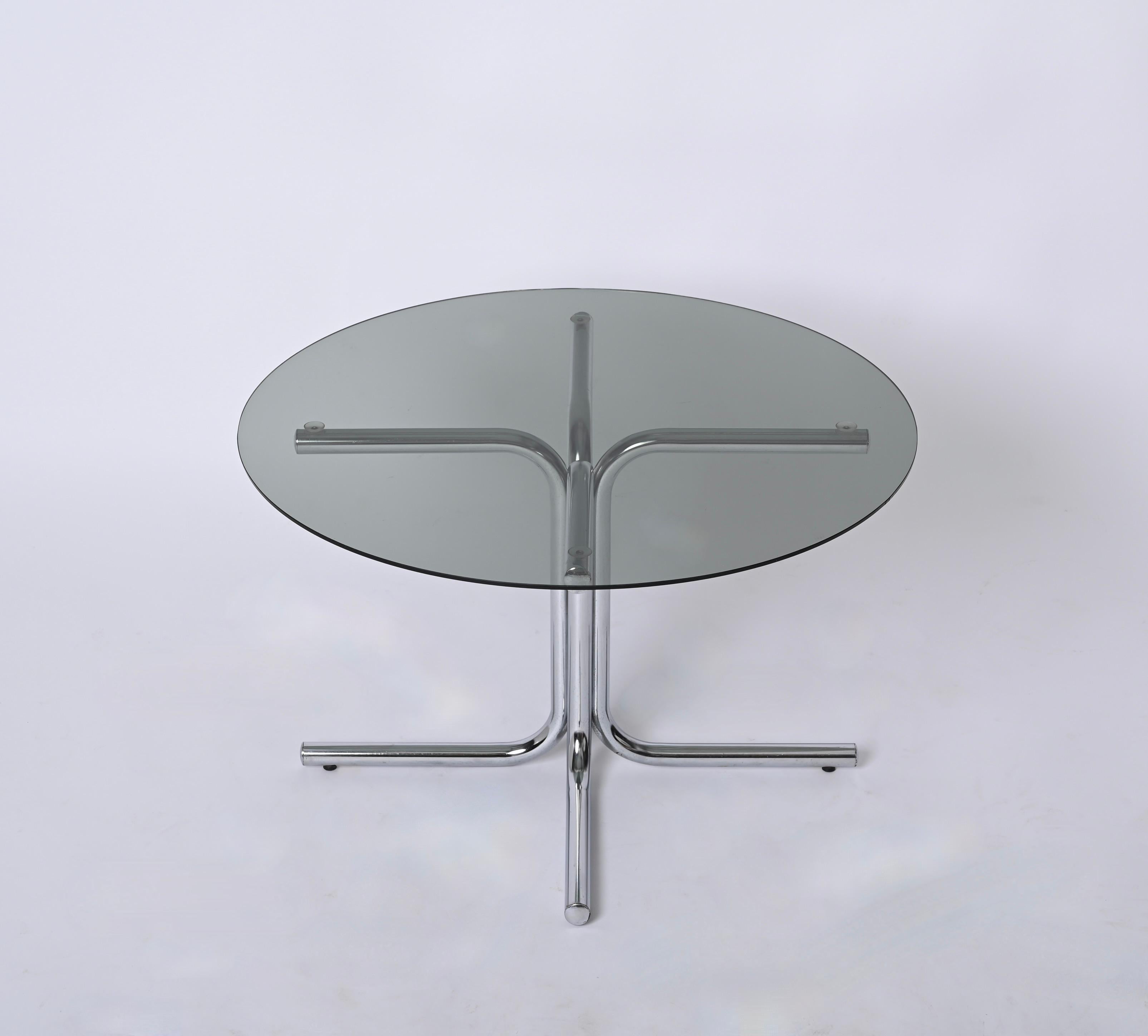 Mid-Century Modern Chrome and Smoked Glass Round Italian Coffee Table, Giotto Stoppino Style, 1970s For Sale