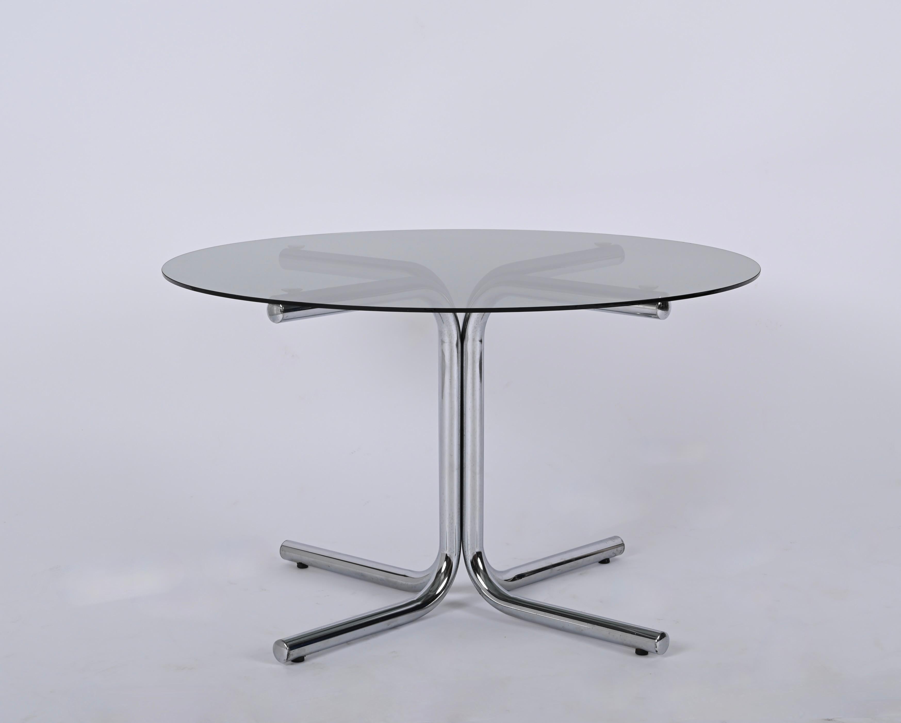 Metal Chrome and Smoked Glass Round Italian Coffee Table, Giotto Stoppino Style, 1970s For Sale