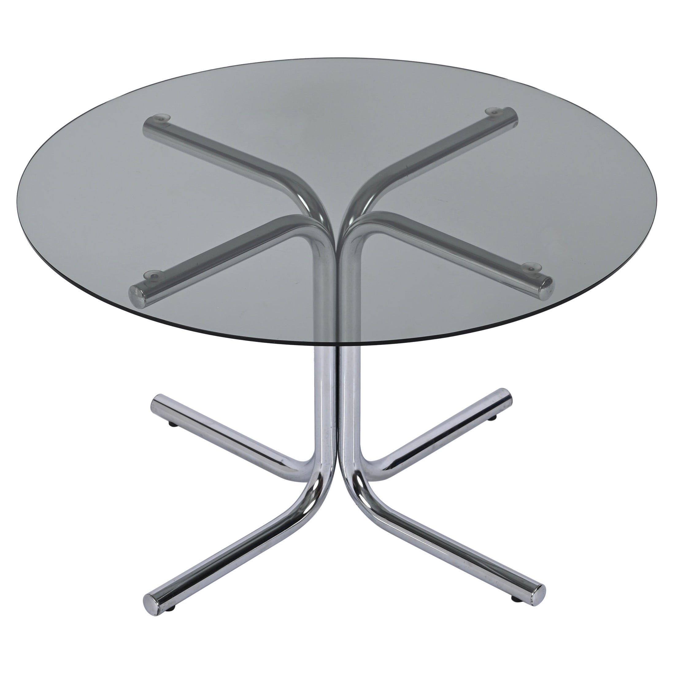 Table basse ronde italienne en chrome et verre fumé, style Giotto Stoppino, 1970